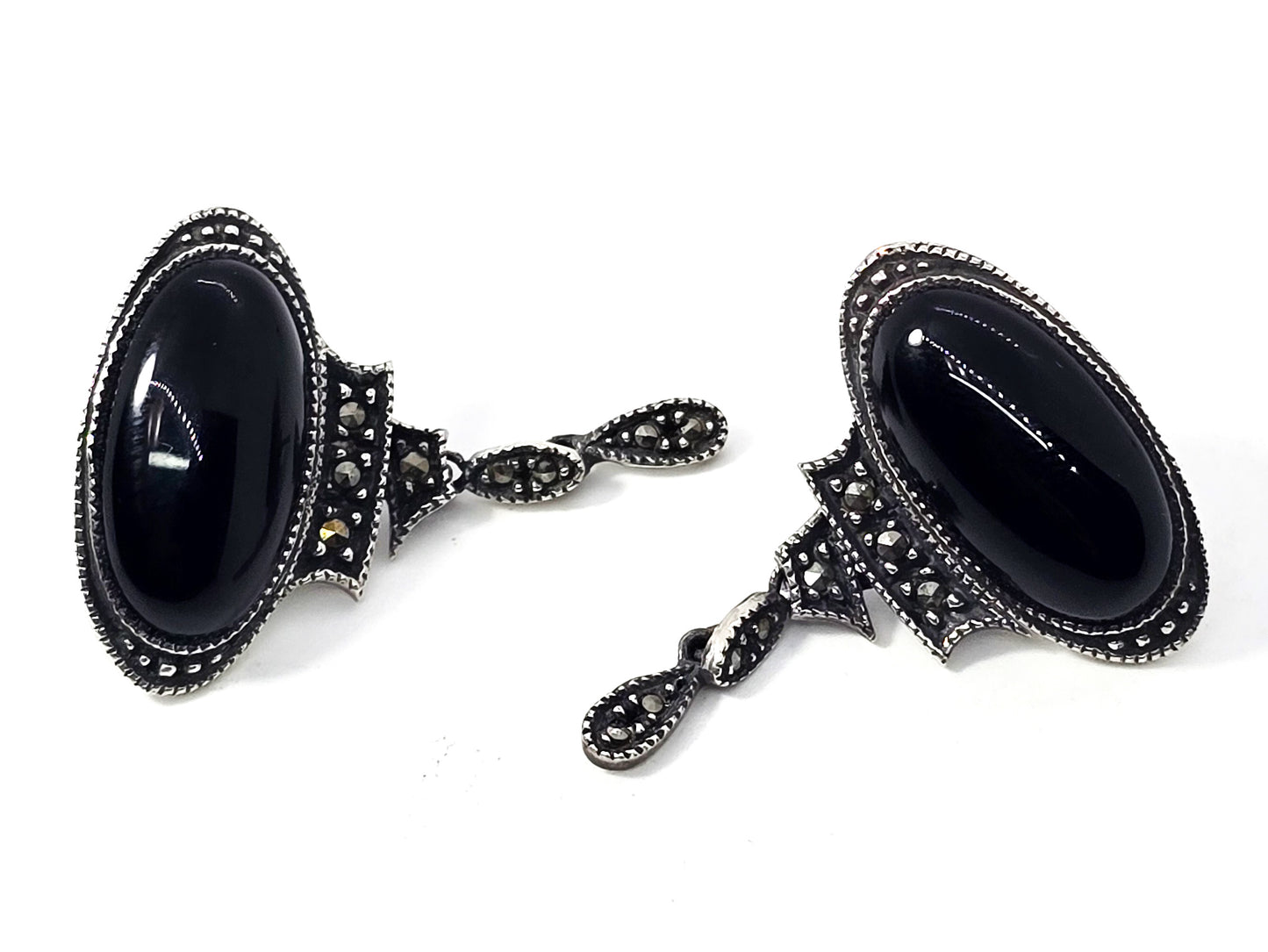 Judith Jack Black onyx marcasite sterling silver drop vintage retro earrings