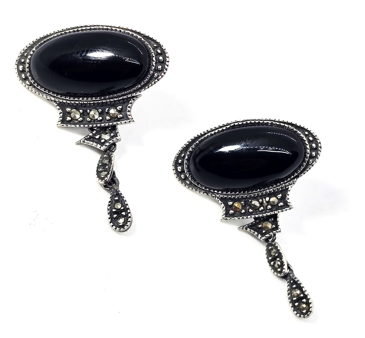 Judith Jack Black onyx marcasite sterling silver drop vintage retro earrings