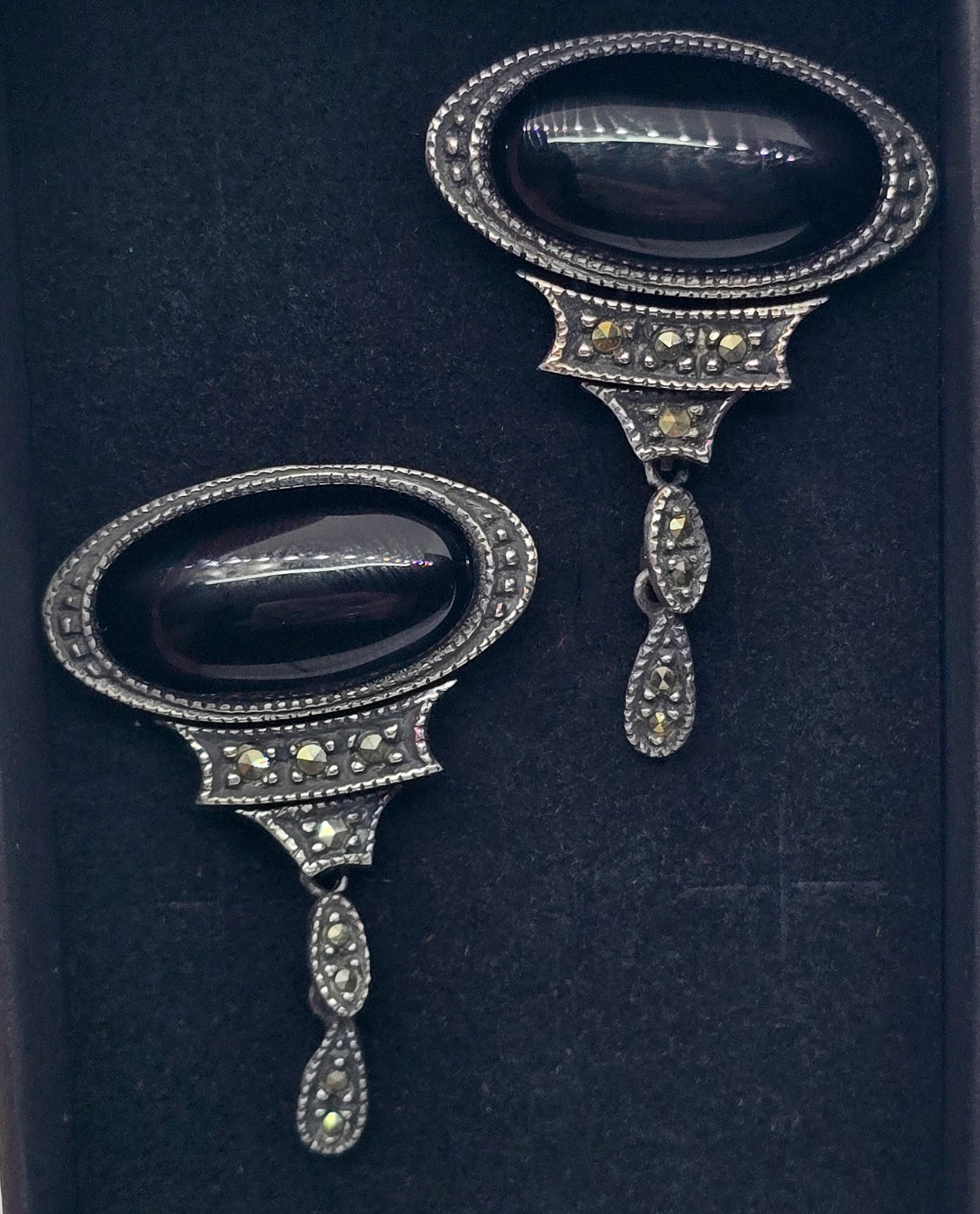 Judith Jack Black onyx marcasite sterling silver drop vintage retro earrings
