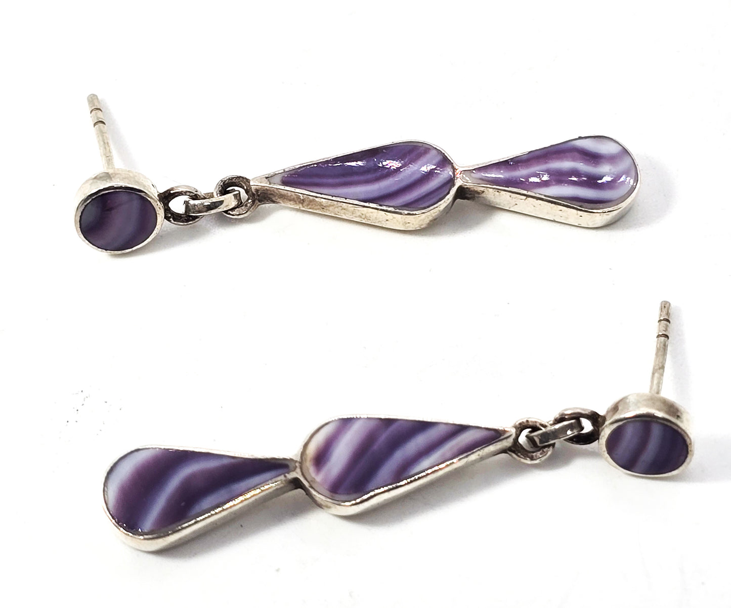 Wampum Quahog Shell banded purple shell sterling silver drop earrings