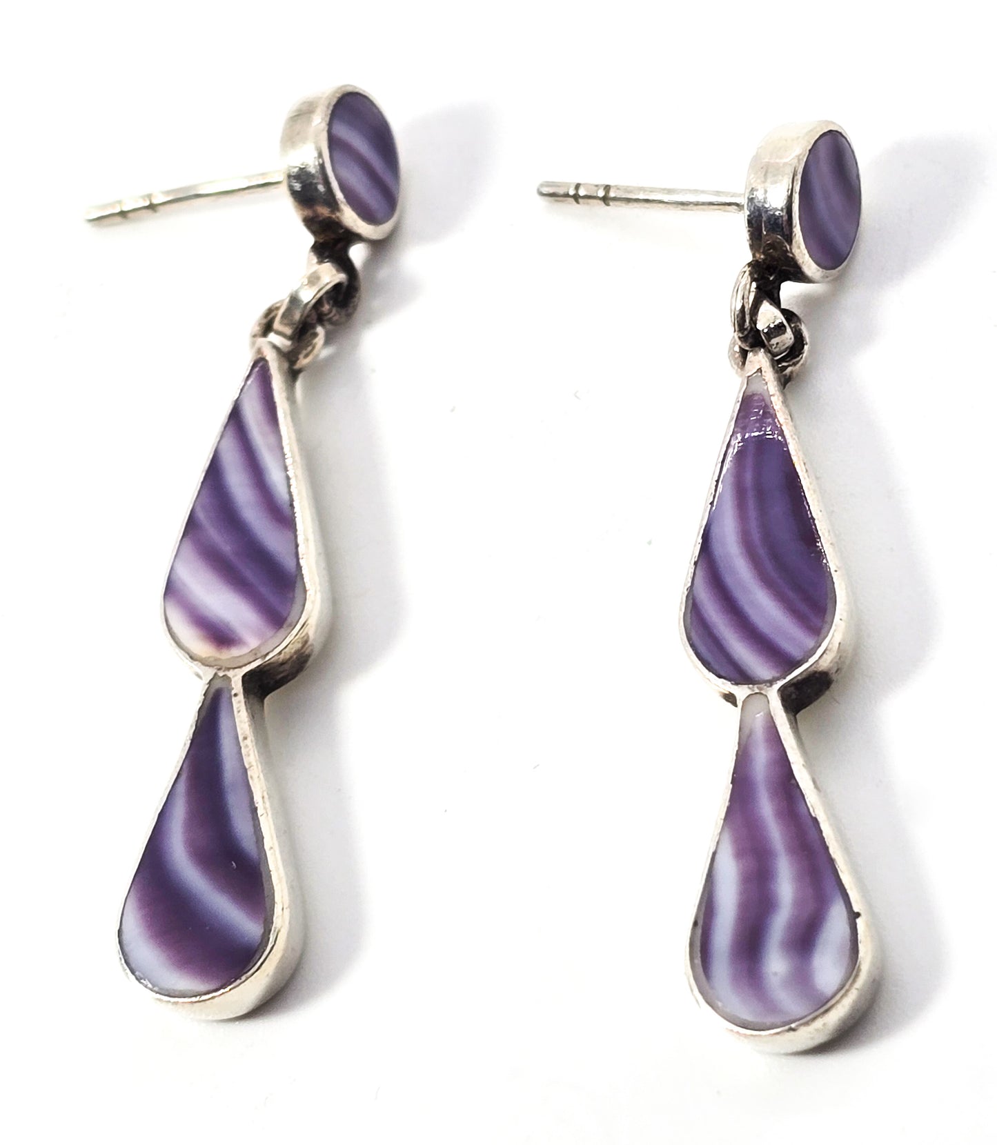 Wampum Quahog Shell banded purple shell sterling silver drop earrings