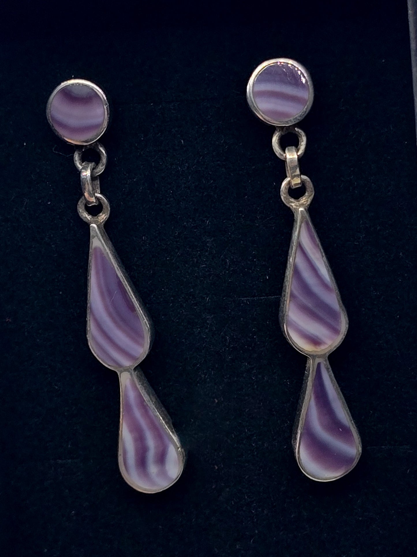 Wampum Quahog Shell banded purple shell sterling silver drop earrings