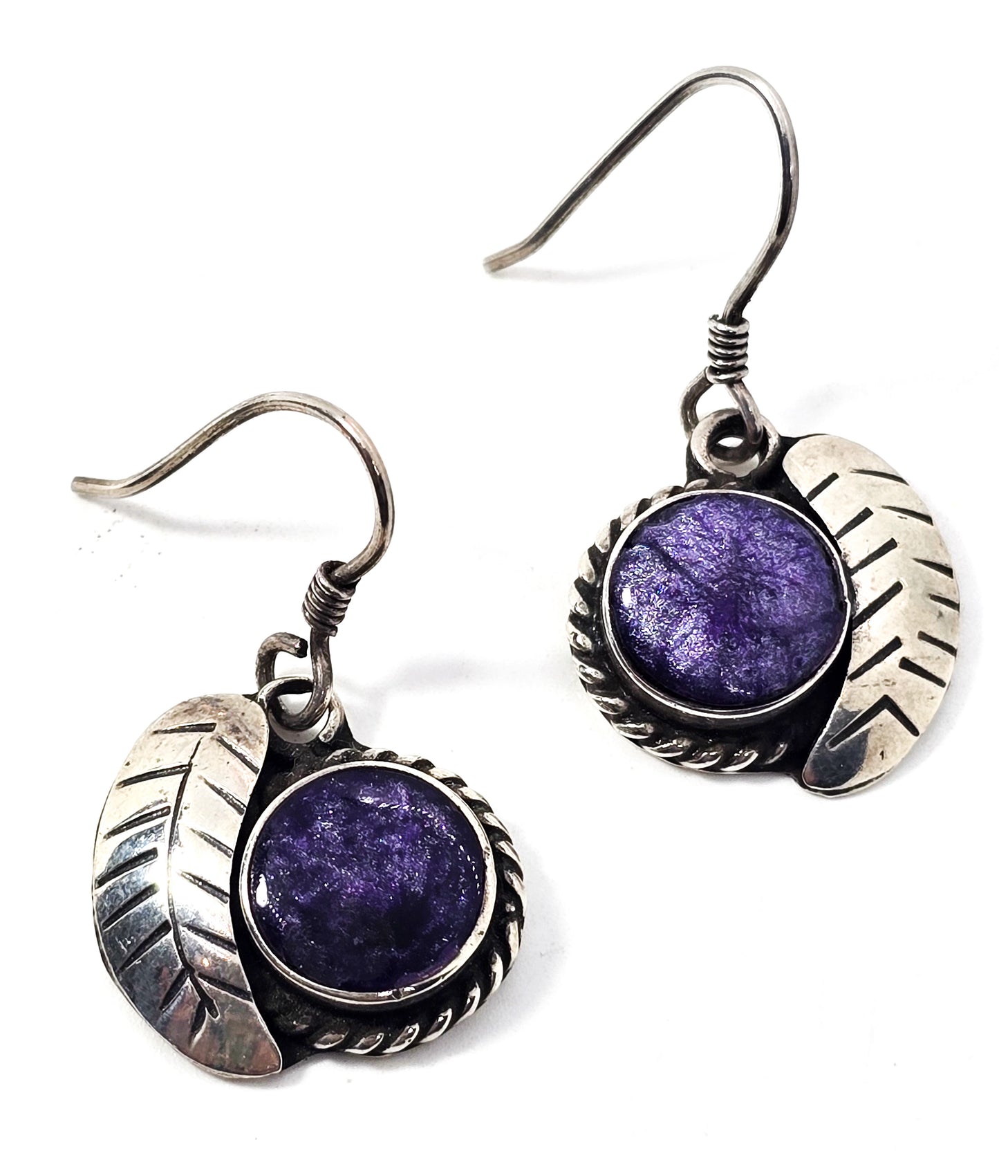 Charoite Purple gemstone Taxco Mexico TB-150 sterling silver vintage drop earrings