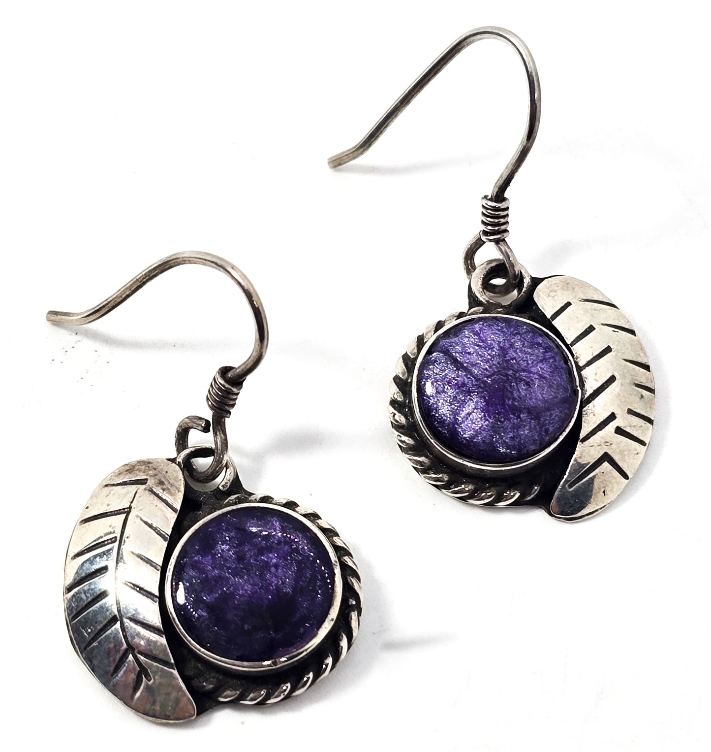 Charoite Purple gemstone Taxco Mexico TB-150 sterling silver vintage drop earrings