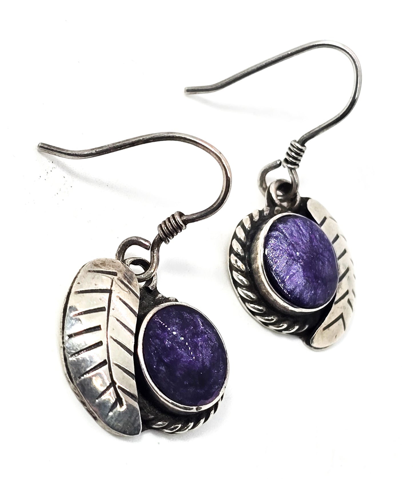 Charoite Purple gemstone Taxco Mexico TB-150 sterling silver vintage drop earrings