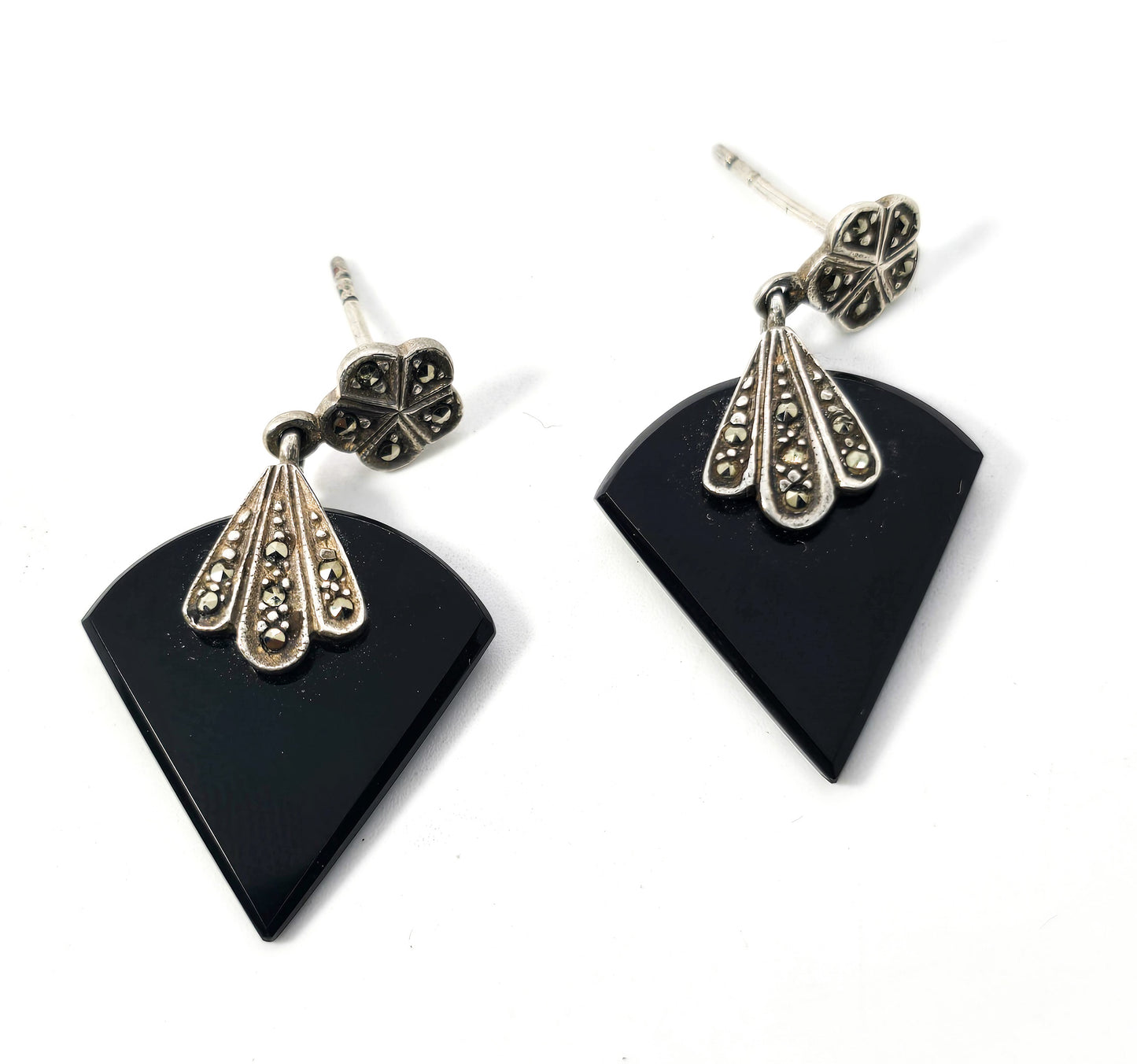 Art Deco style Onyx and marcasite SU long vintage sterling silver earrings