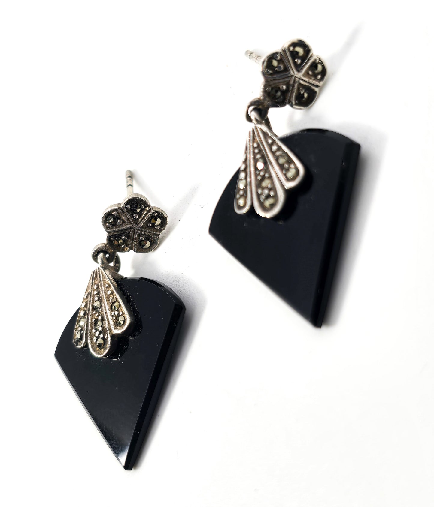 Art Deco style Onyx and marcasite SU long vintage sterling silver earrings