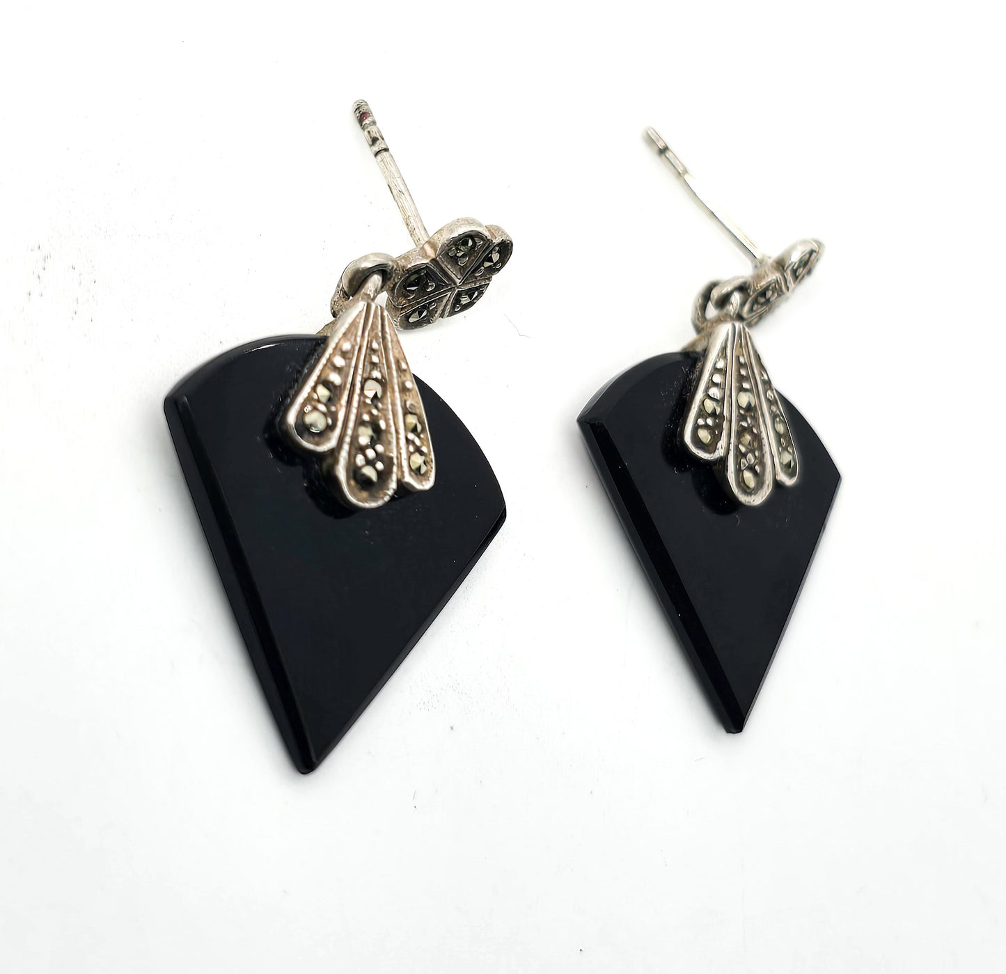 Art Deco style Onyx and marcasite SU long vintage sterling silver earrings