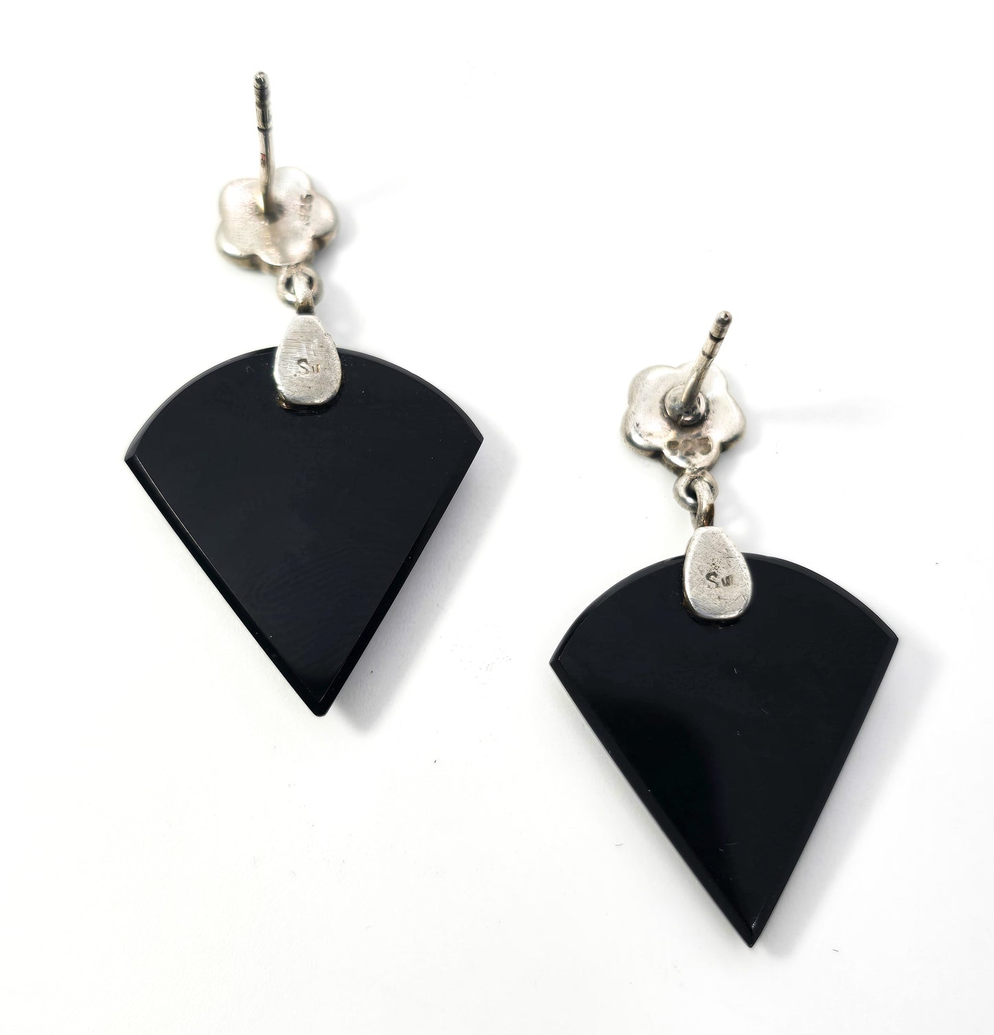 Art Deco style Onyx and marcasite SU long vintage sterling silver earrings