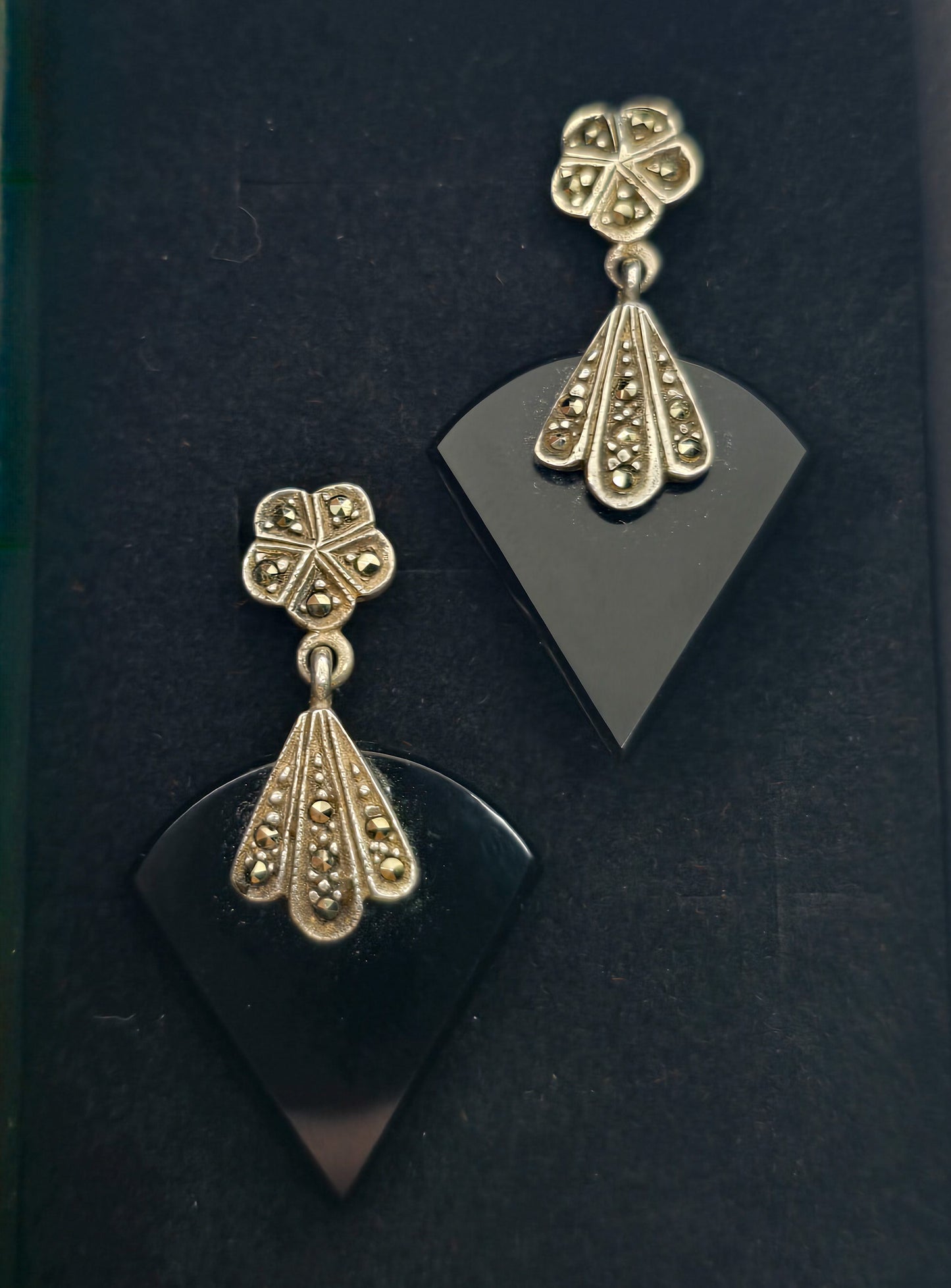 Art Deco style Onyx and marcasite SU long vintage sterling silver earrings