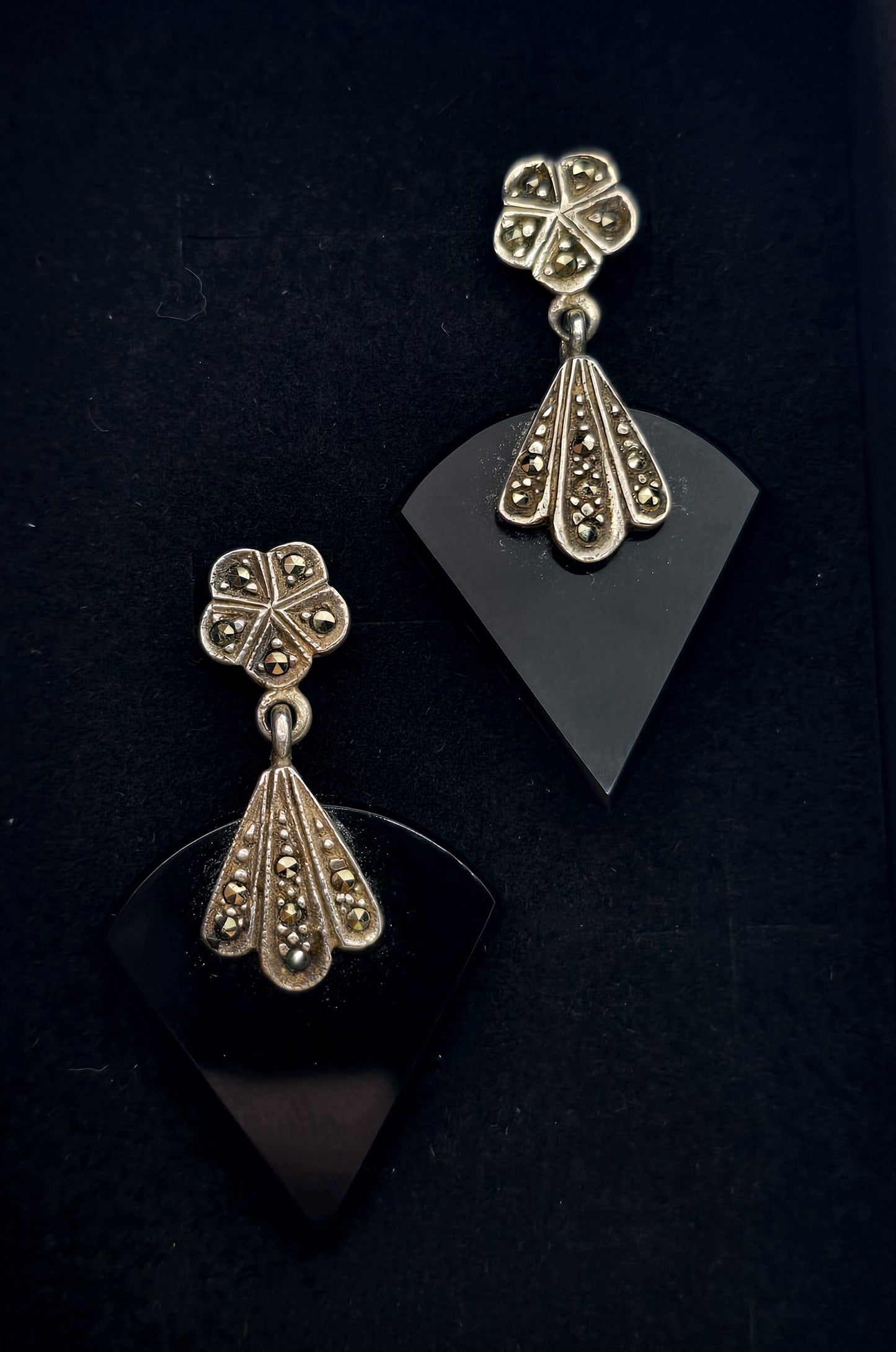 Art Deco style Onyx and marcasite SU long vintage sterling silver earrings