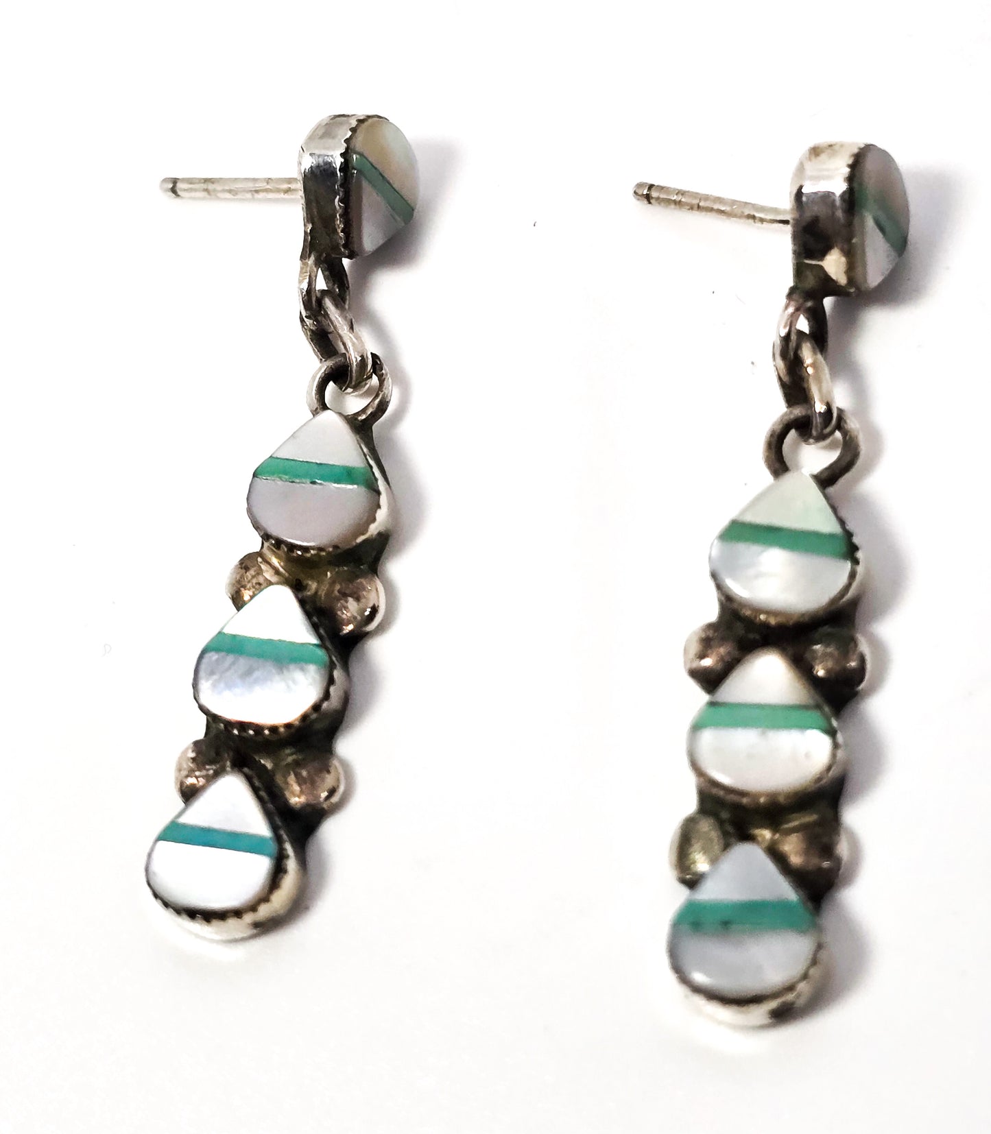 Turquoise Mother of pearl MOP inlay Native American vintage sterling silver earrings