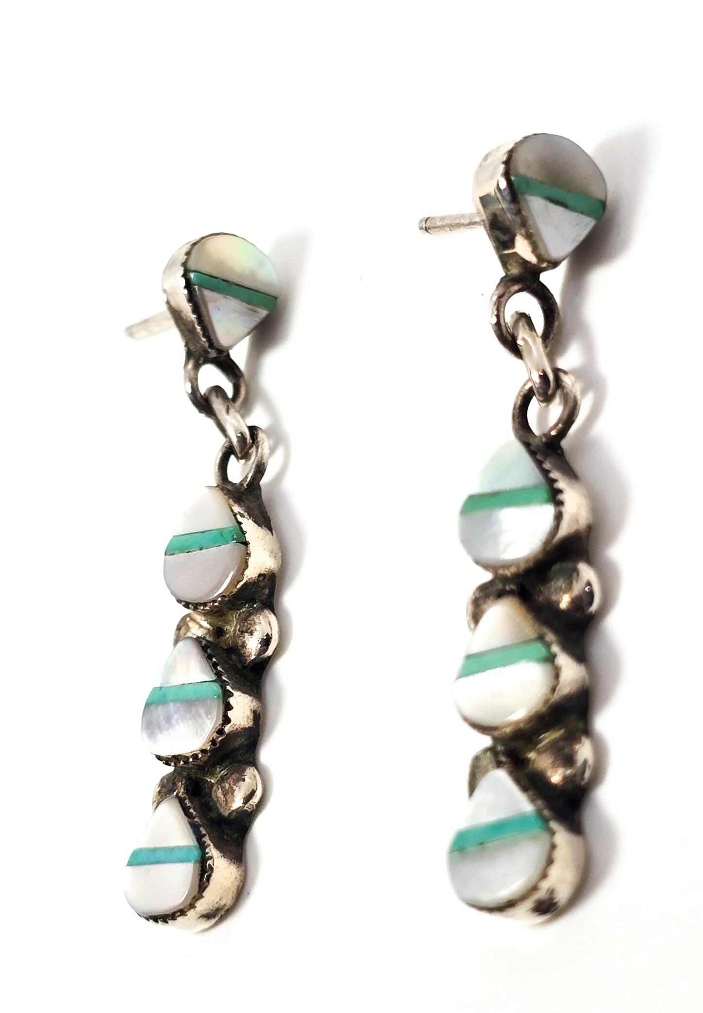 Turquoise Mother of pearl MOP inlay Native American vintage sterling silver earrings