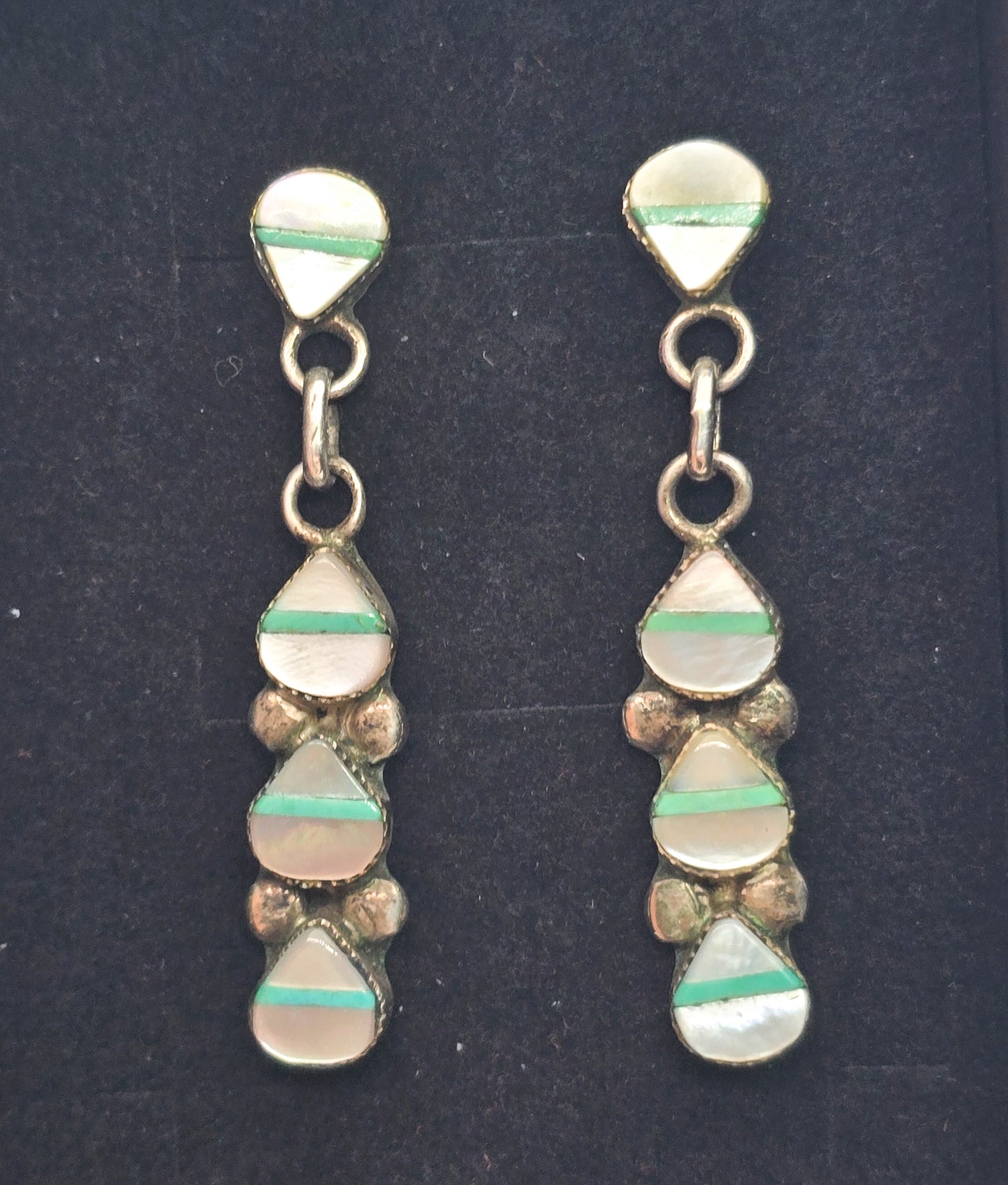 Turquoise Mother of pearl MOP inlay Native American vintage sterling silver earrings