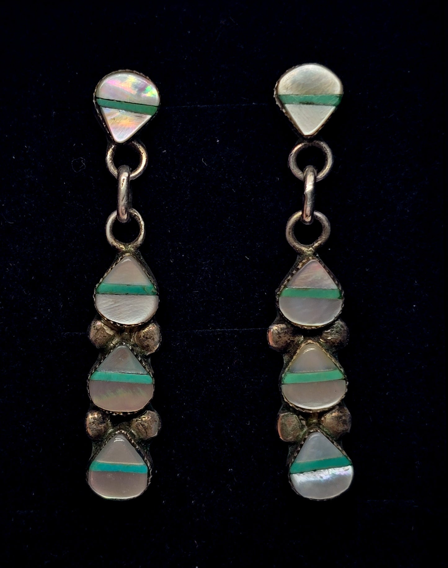 Turquoise Mother of pearl MOP inlay Native American vintage sterling silver earrings