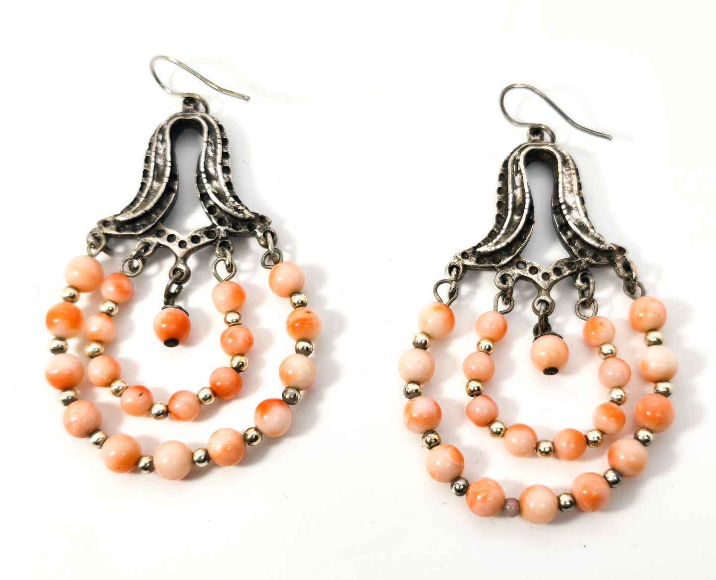Angel skin Coral beaded double handoop vintage long drop sterling silver earrings