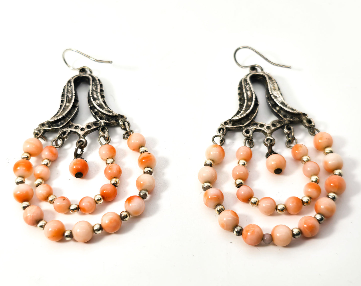 Angel skin Coral beaded double handoop vintage long drop sterling silver earrings
