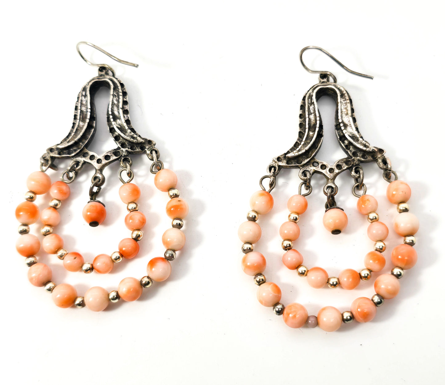 Angel skin Coral beaded double handoop vintage long drop sterling silver earrings