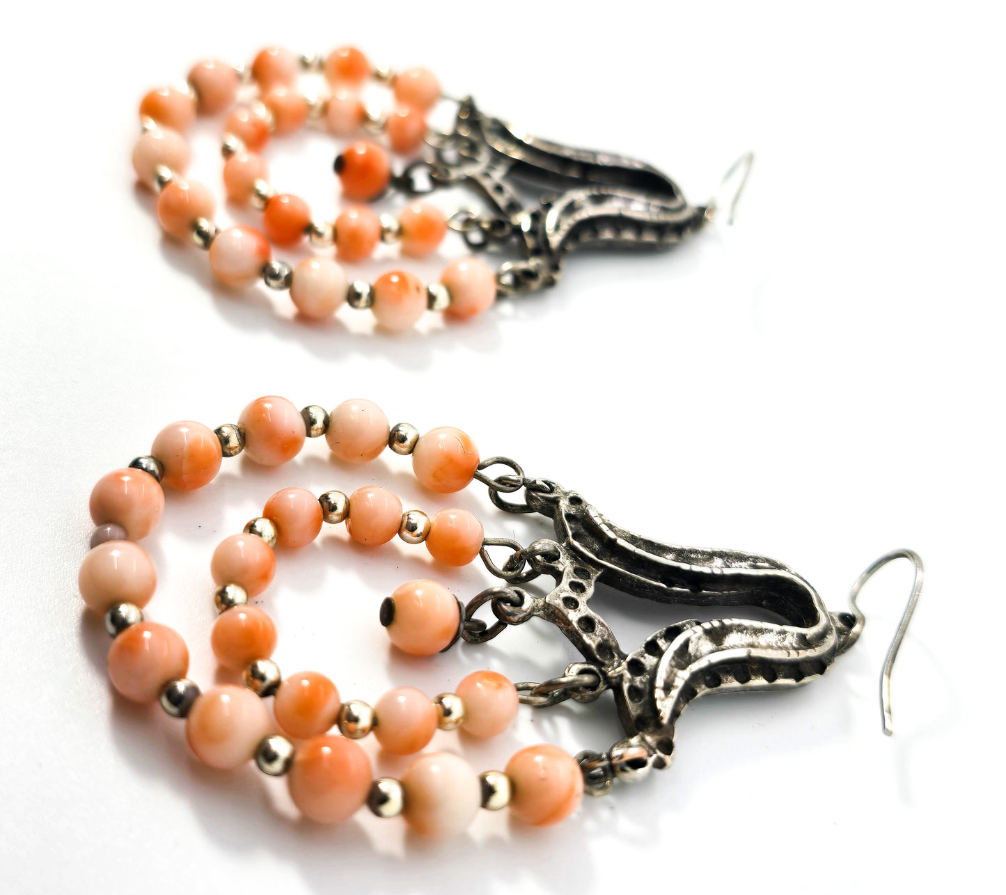 Angel skin Coral beaded double handoop vintage long drop sterling silver earrings