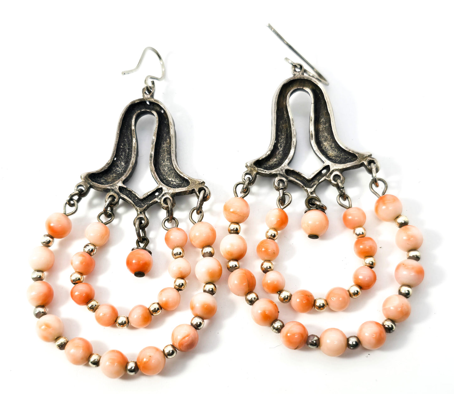 Angel skin Coral beaded double handoop vintage long drop sterling silver earrings