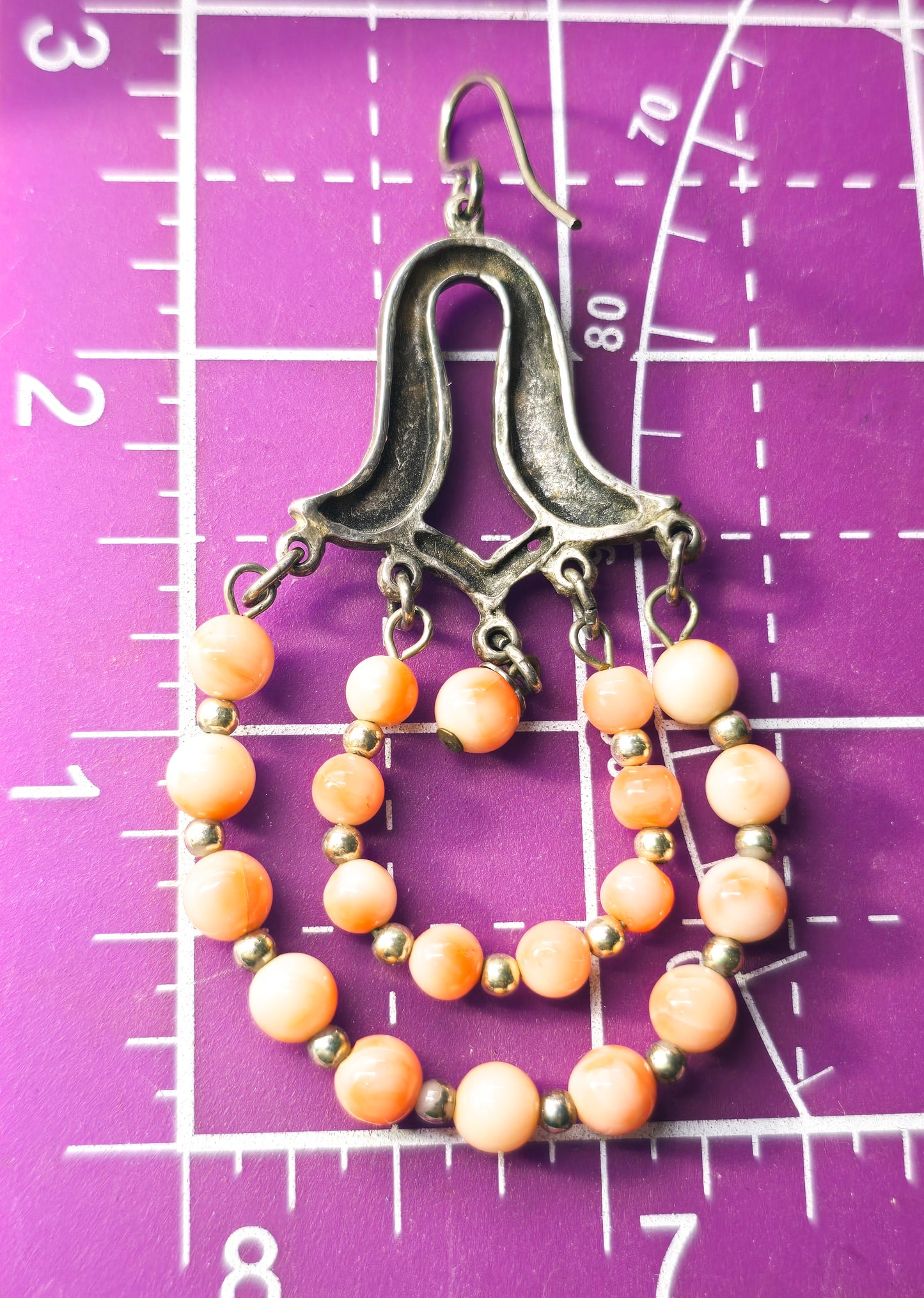 Angel skin Coral beaded double handoop vintage long drop sterling silver earrings
