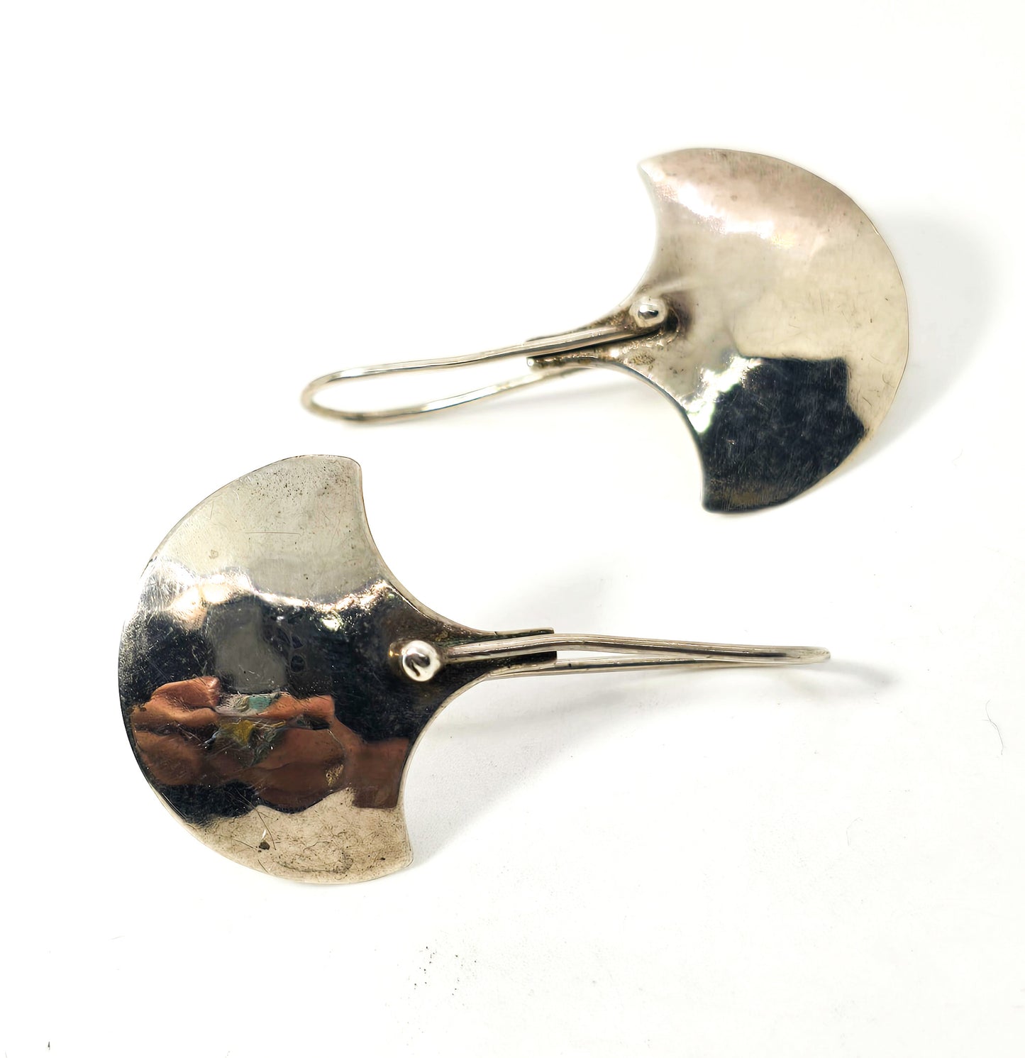 Modernist hammered sterling silver artisan large drop fan vintage earrings