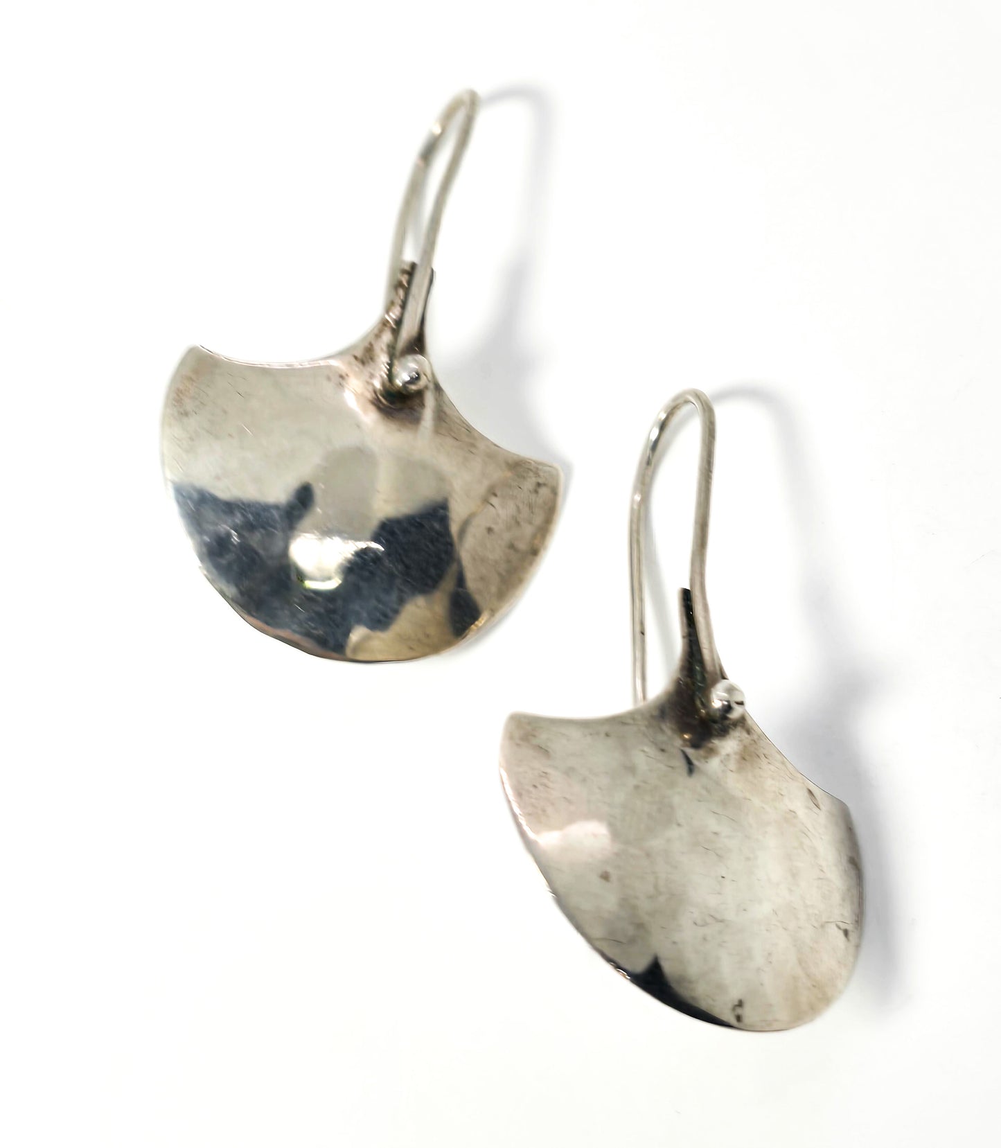 Modernist hammered sterling silver artisan large drop fan vintage earrings