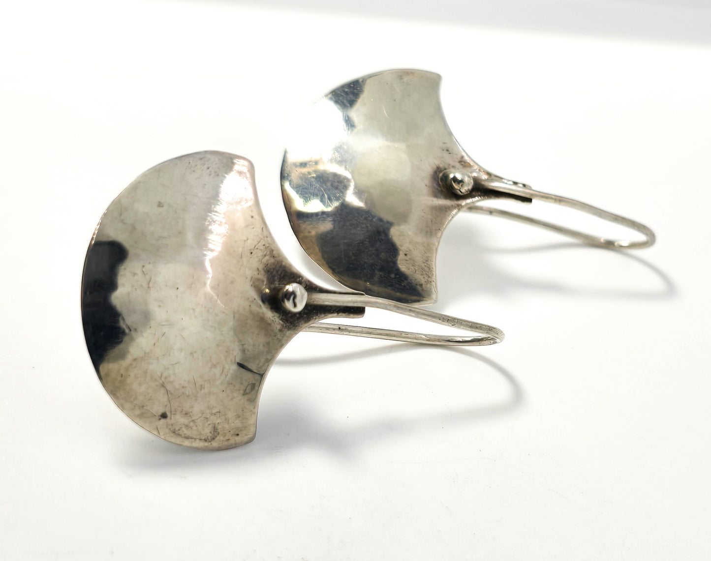 Modernist hammered sterling silver artisan large drop fan vintage earrings