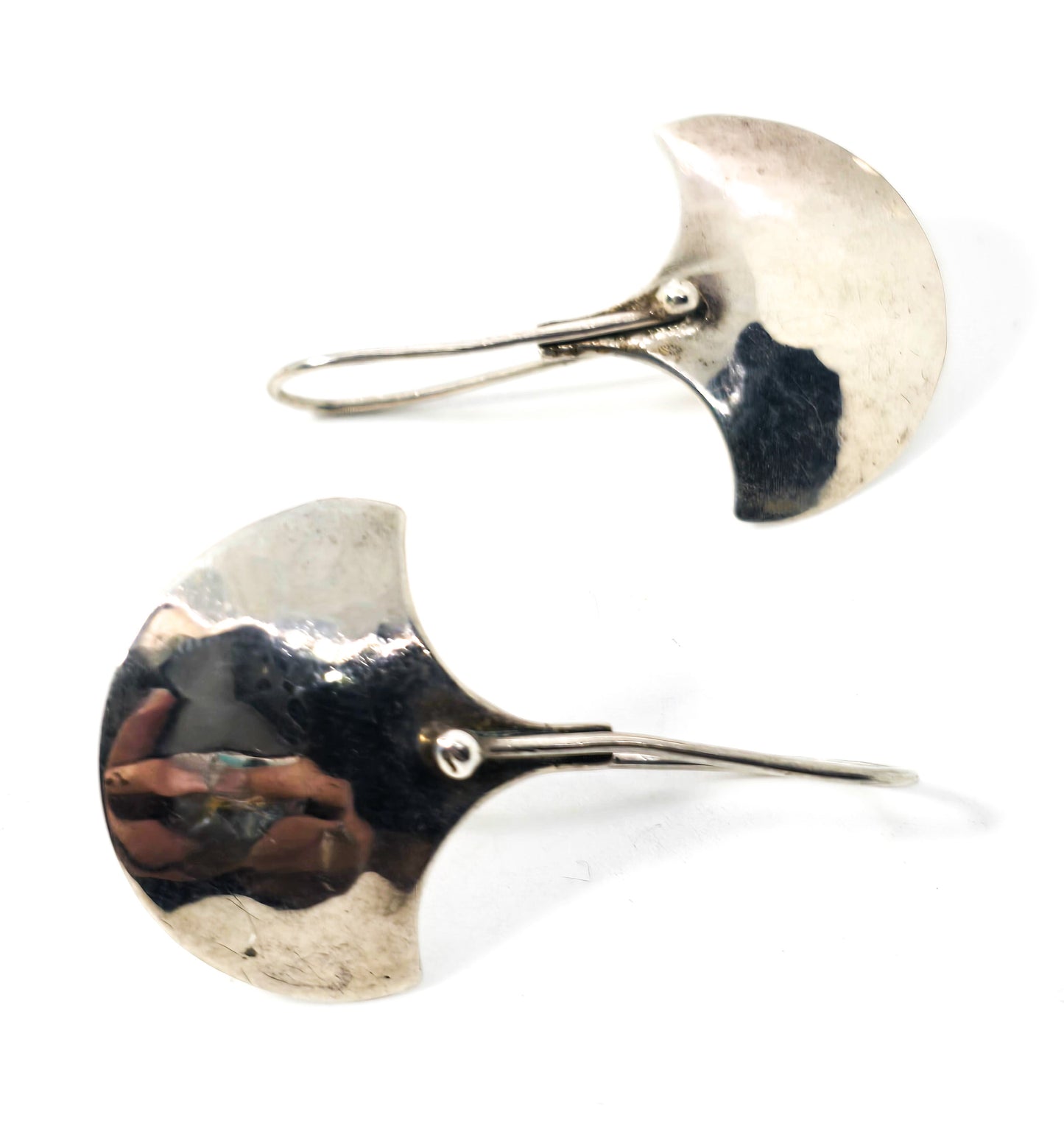 Modernist hammered sterling silver artisan large drop fan vintage earrings