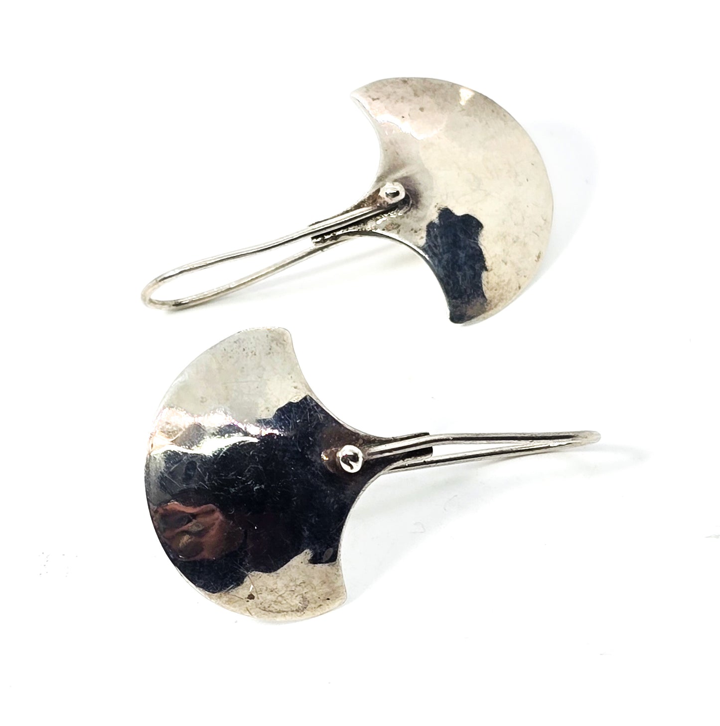 Modernist hammered sterling silver artisan large drop fan vintage earrings