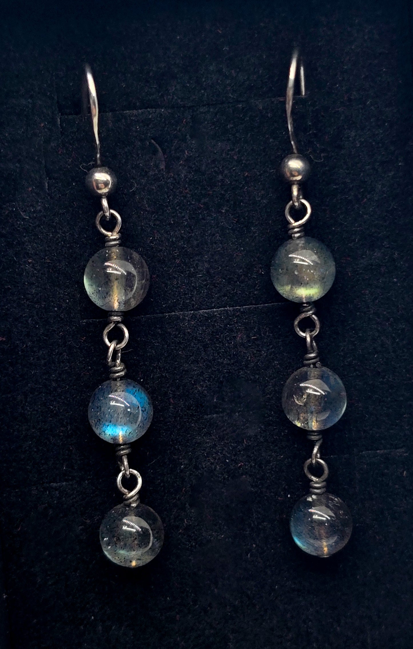 Labradorite flashy long beaded gemstone sterling silver drop earrings