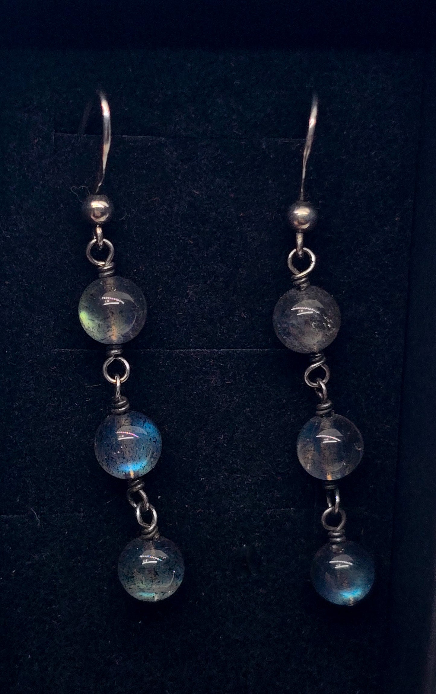 Labradorite flashy long beaded gemstone sterling silver drop earrings