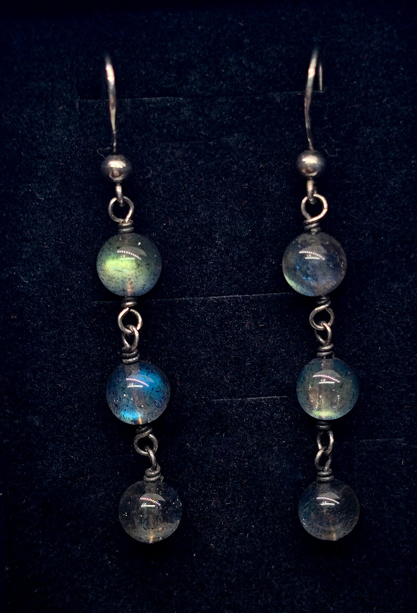 Labradorite flashy long beaded gemstone sterling silver drop earrings