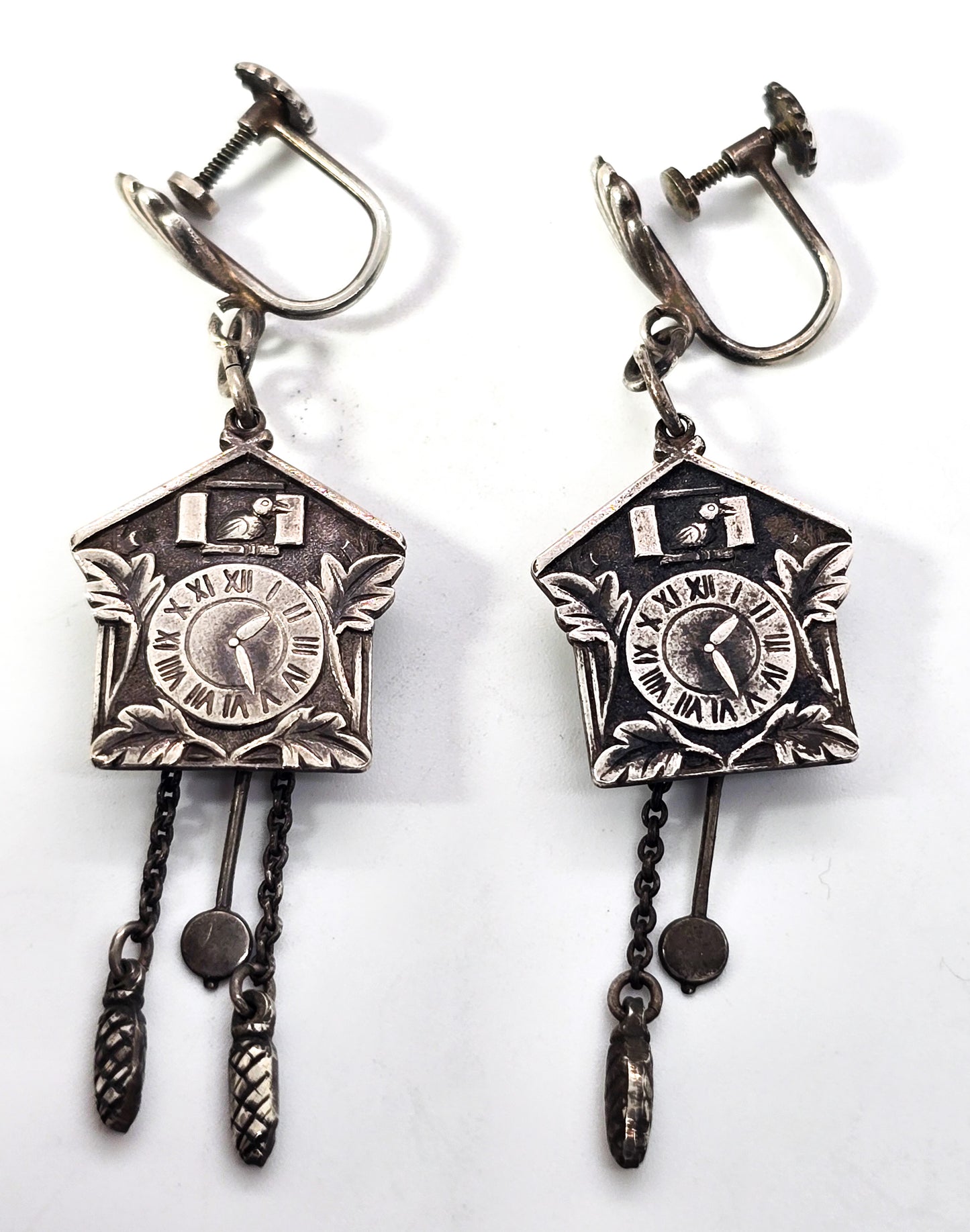 Antique Cuckoo clock German 835 sterling silver screw back earrings