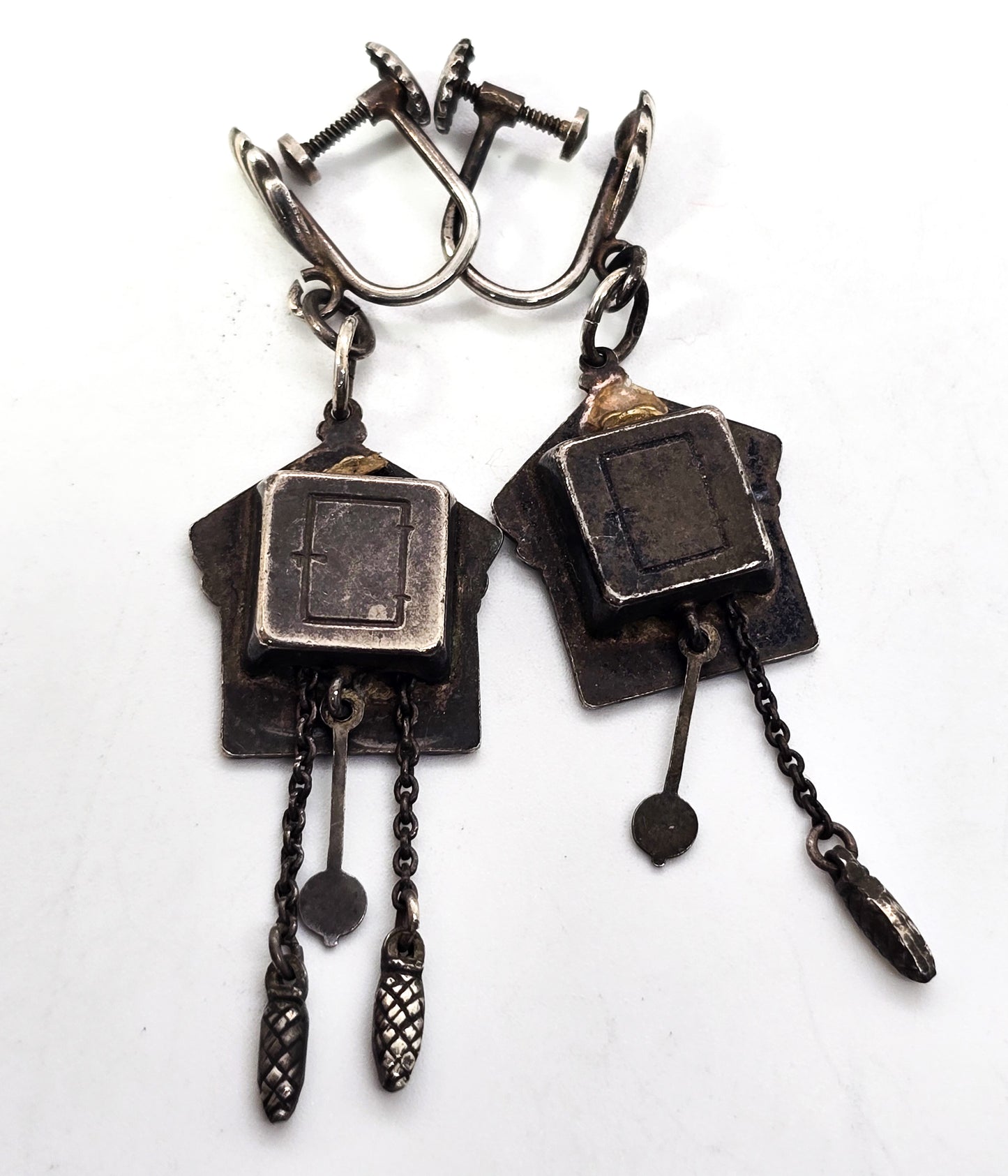 Antique Cuckoo clock German 835 sterling silver screw back earrings
