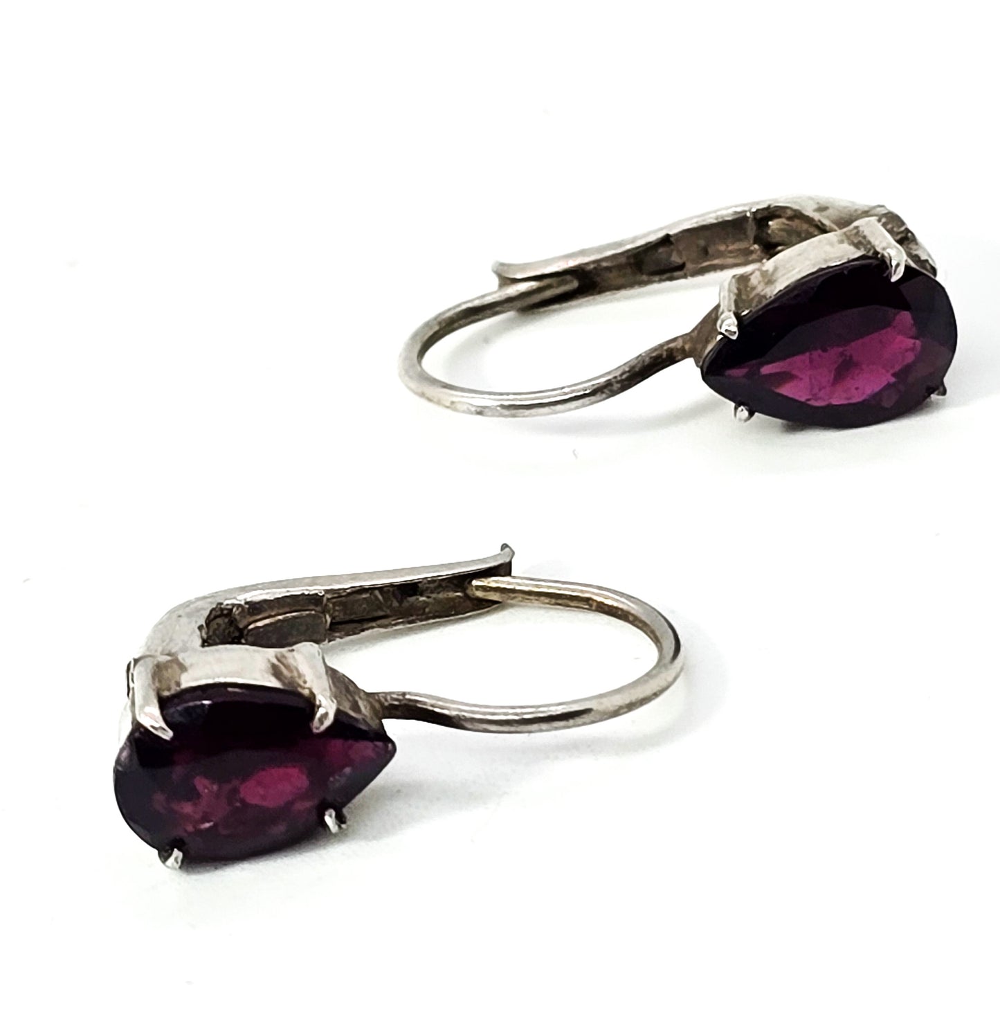 Red Garnet faceted gemstone pear cut sterling silver lever back earrings FAS