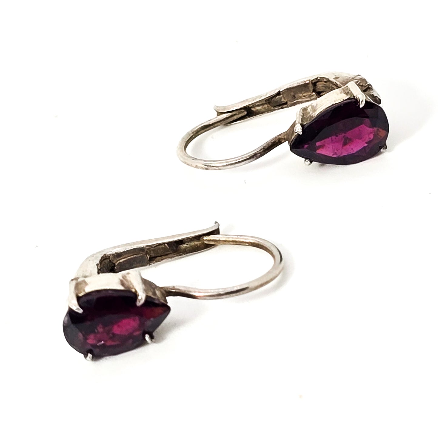 Red Garnet faceted gemstone pear cut sterling silver lever back earrings FAS