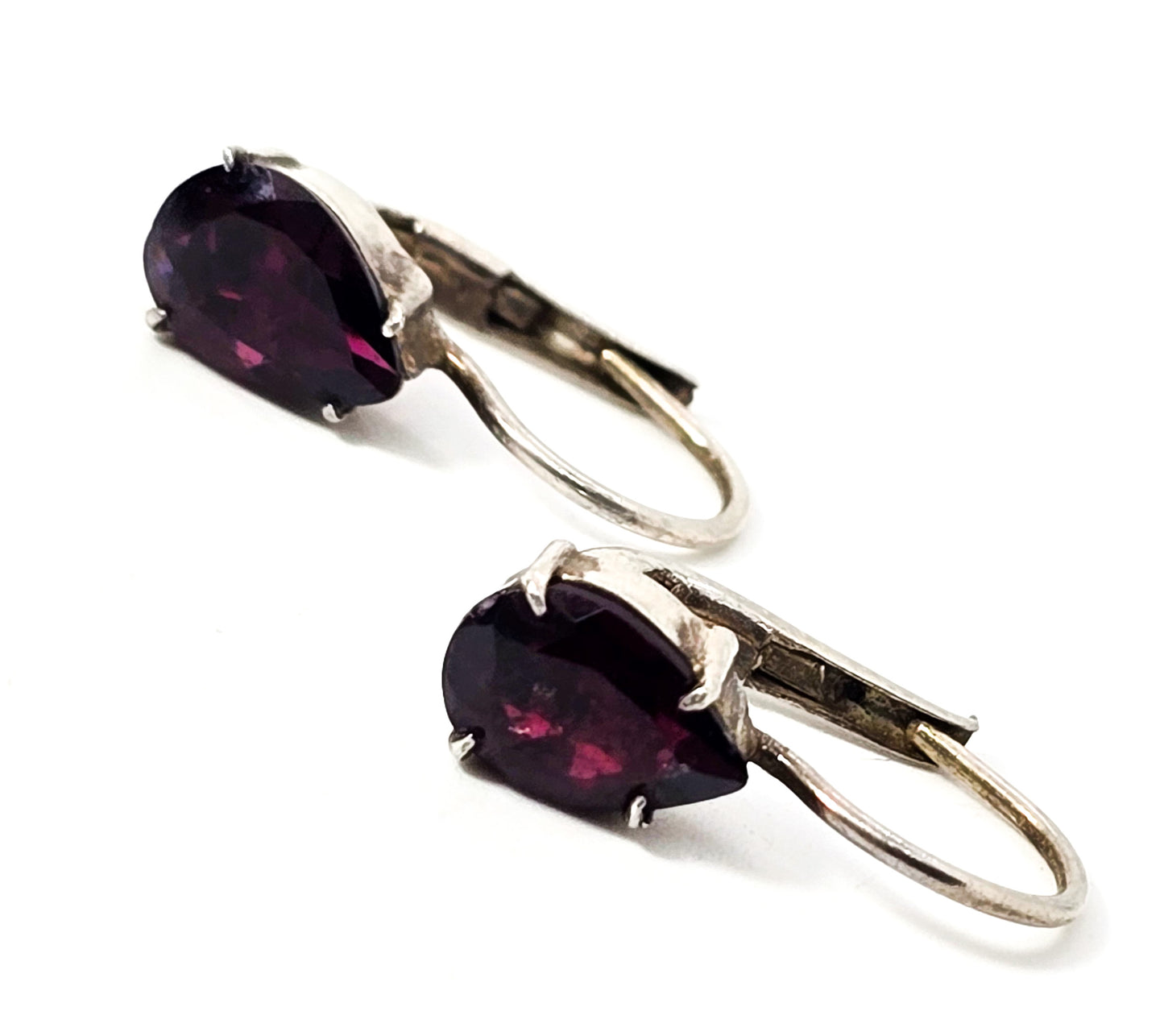 Red Garnet faceted gemstone pear cut sterling silver lever back earrings FAS