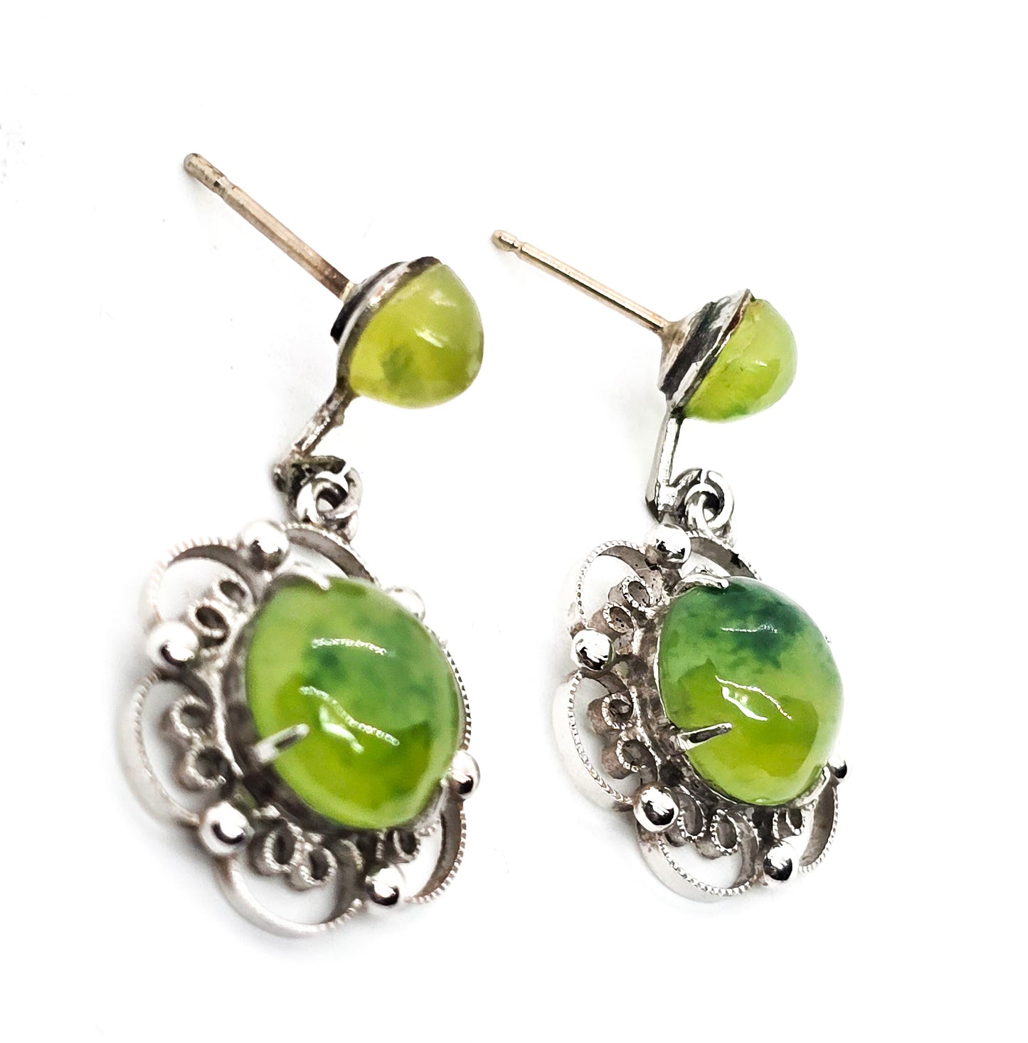 Green Jade Glass Cab Rhodium Plated mid century vintage post earrings