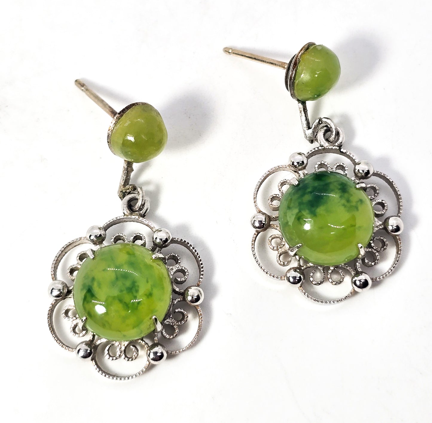 Green Jade Glass Cab Rhodium Plated mid century vintage post earrings