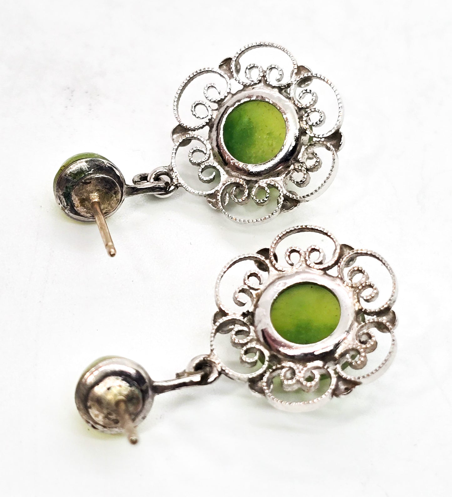 Green Jade Glass Cab Rhodium Plated mid century vintage post earrings