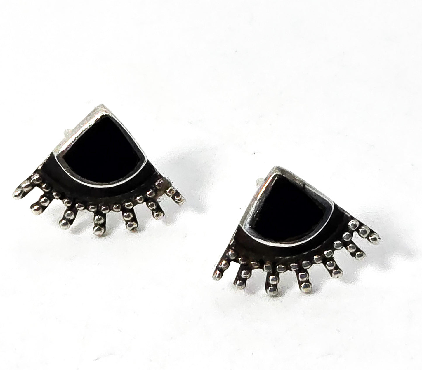 Black and silver tribal fan enamel sterling silver vintage stud earrings