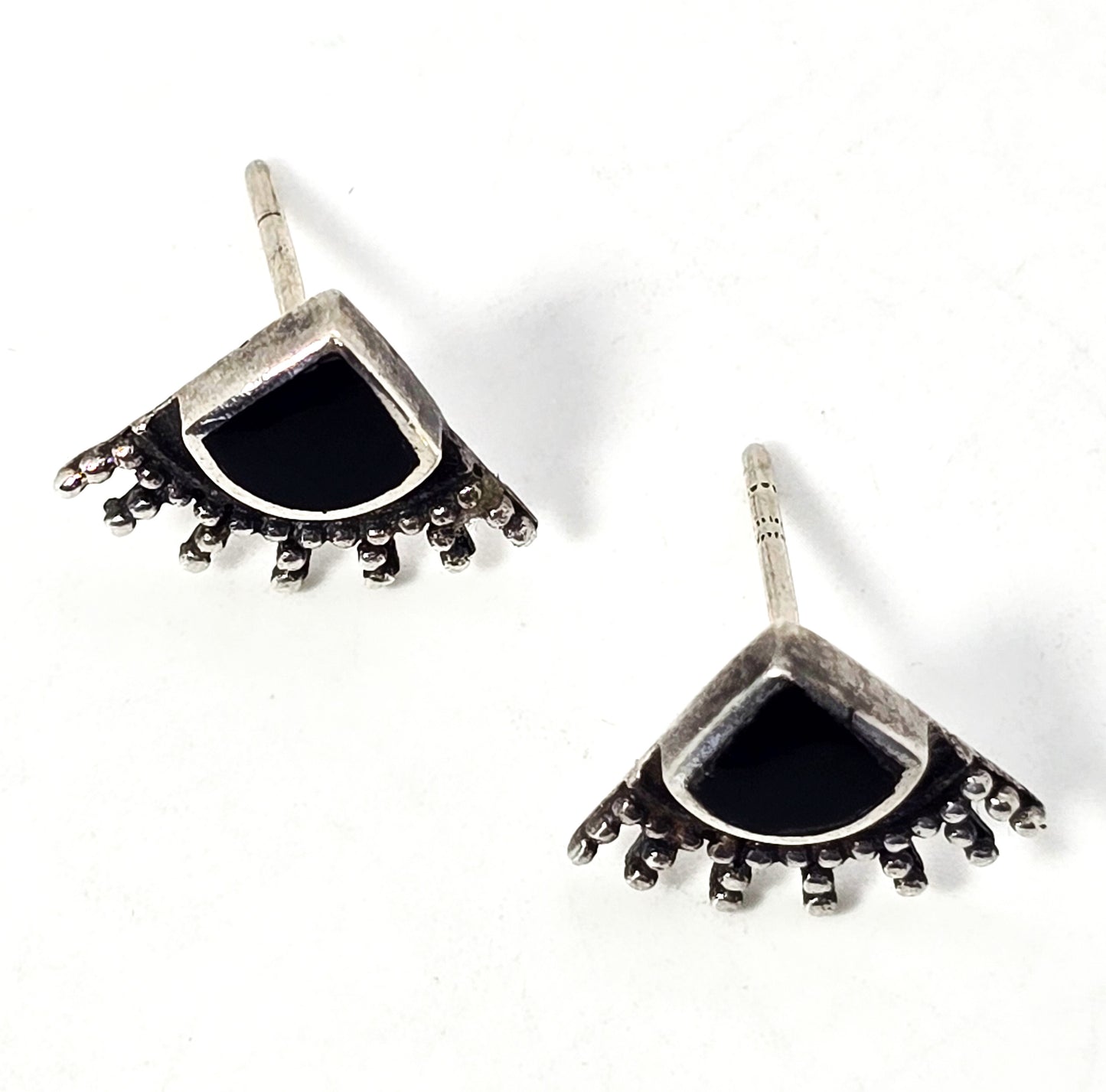 Black and silver tribal fan enamel sterling silver vintage stud earrings