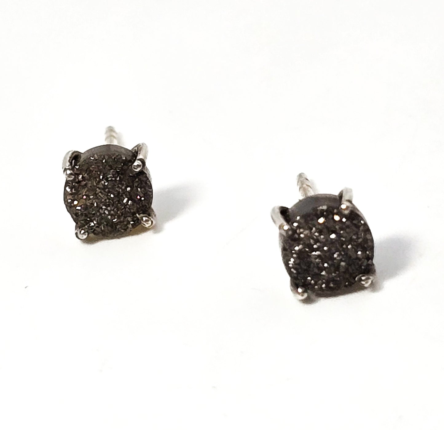Black sparkling druzy gemstone prong set sterling silver stud earrings