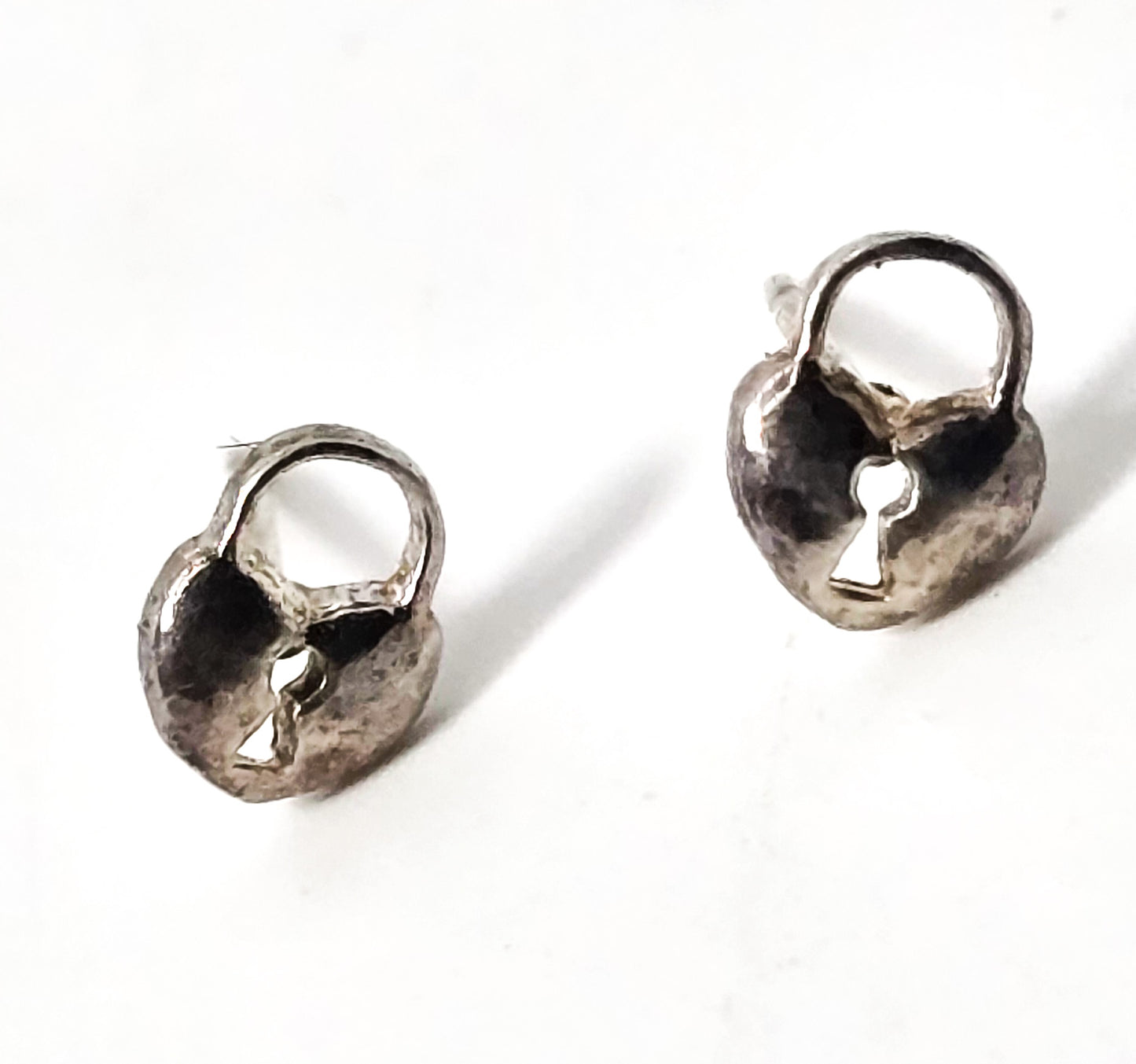 Heart shaped lock petite tiny sterling silver stud earrings
