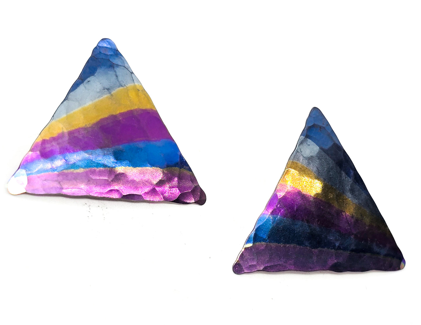 Rainbow Niobium hammered metal large retro triangle stud vintage earrings