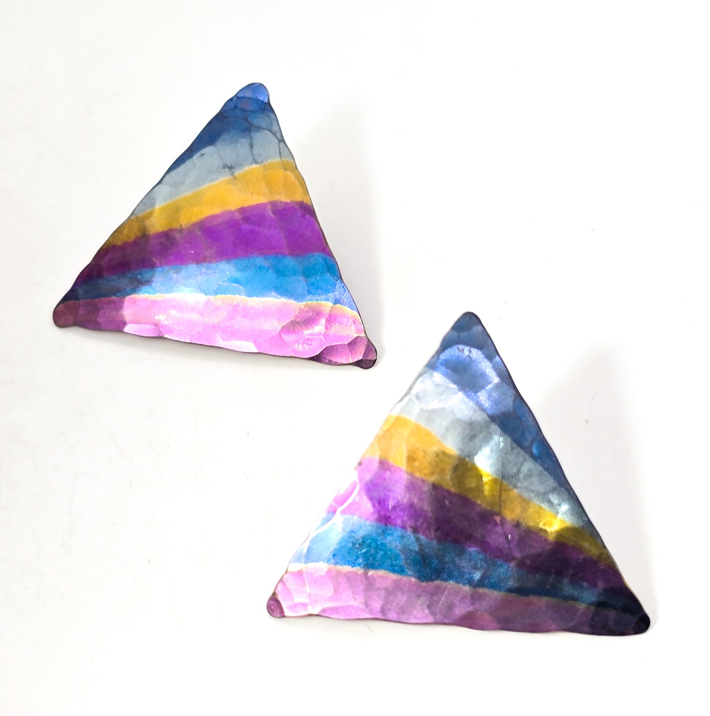Rainbow Niobium hammered metal large retro triangle stud vintage earrings