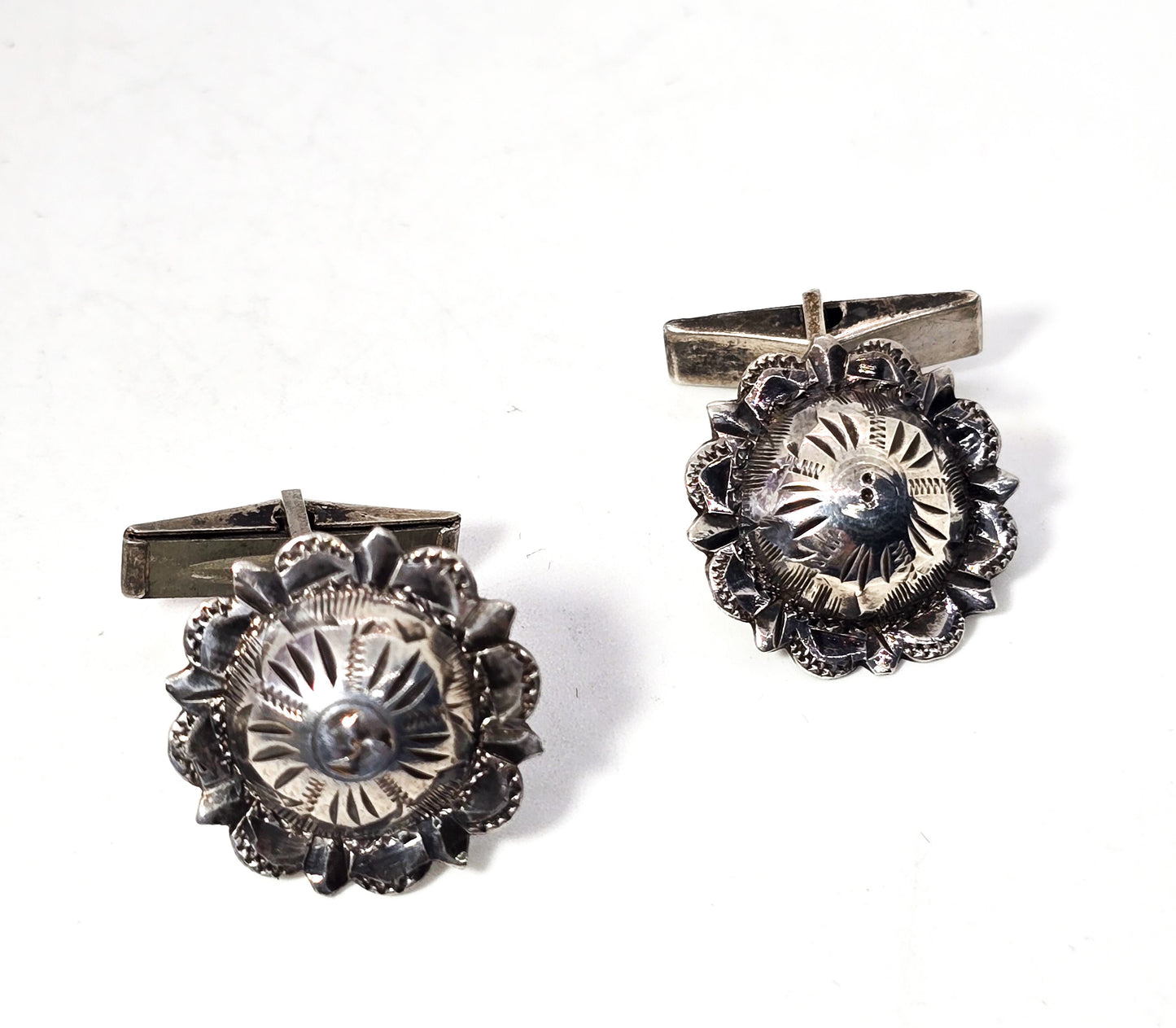 Mexican domed concho eagle mark Taxco retro vintage sterling silver cufflinks Flemming