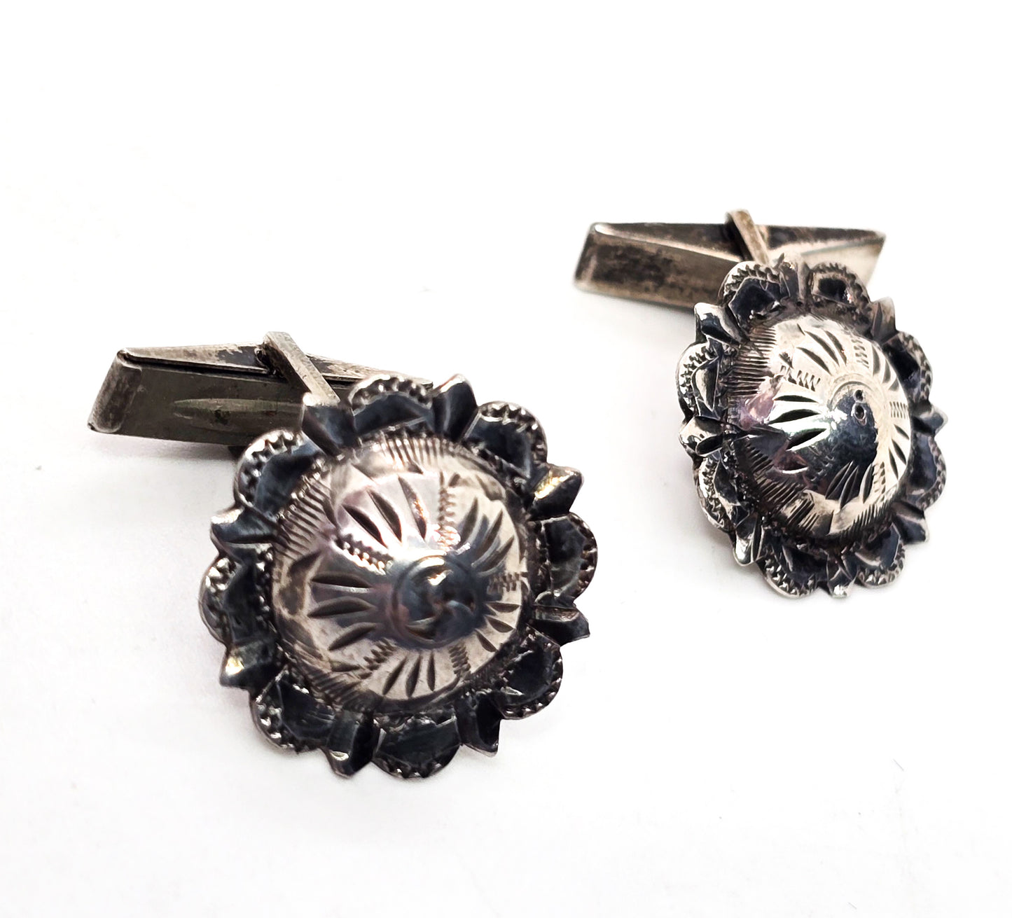 Mexican domed concho eagle mark Taxco retro vintage sterling silver cufflinks Flemming