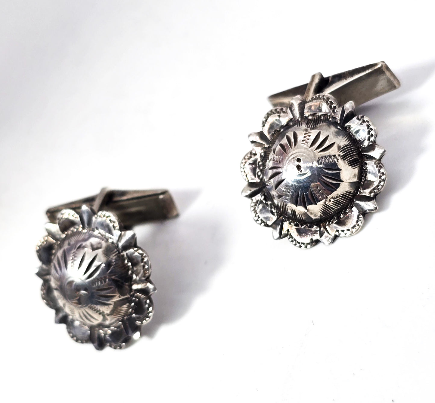 Mexican domed concho eagle mark Taxco retro vintage sterling silver cufflinks Flemming
